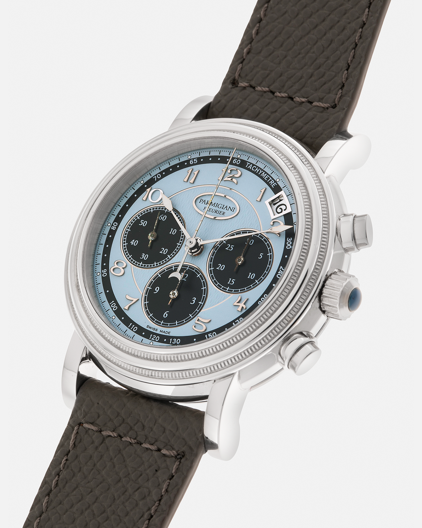 Brand: Parmigiani Fleurier
Year: 2003
Model: Toric Chronograph
Reference: PF006783
Material: Platinum 950
Movement: Parmigiani Fleurier Cal. PF400z (Based on Zenith El Primero 400z), Self-Winding
Case Dimensions: 40mm
Lug Width: 20mm
Strap: Phillips Bacs & Russo Taupe Textured Calf Leather Strap with Signed Platinum 950 Tang Buckle, with extra Parmigiani Fleurier Black Alligator Leather Strap