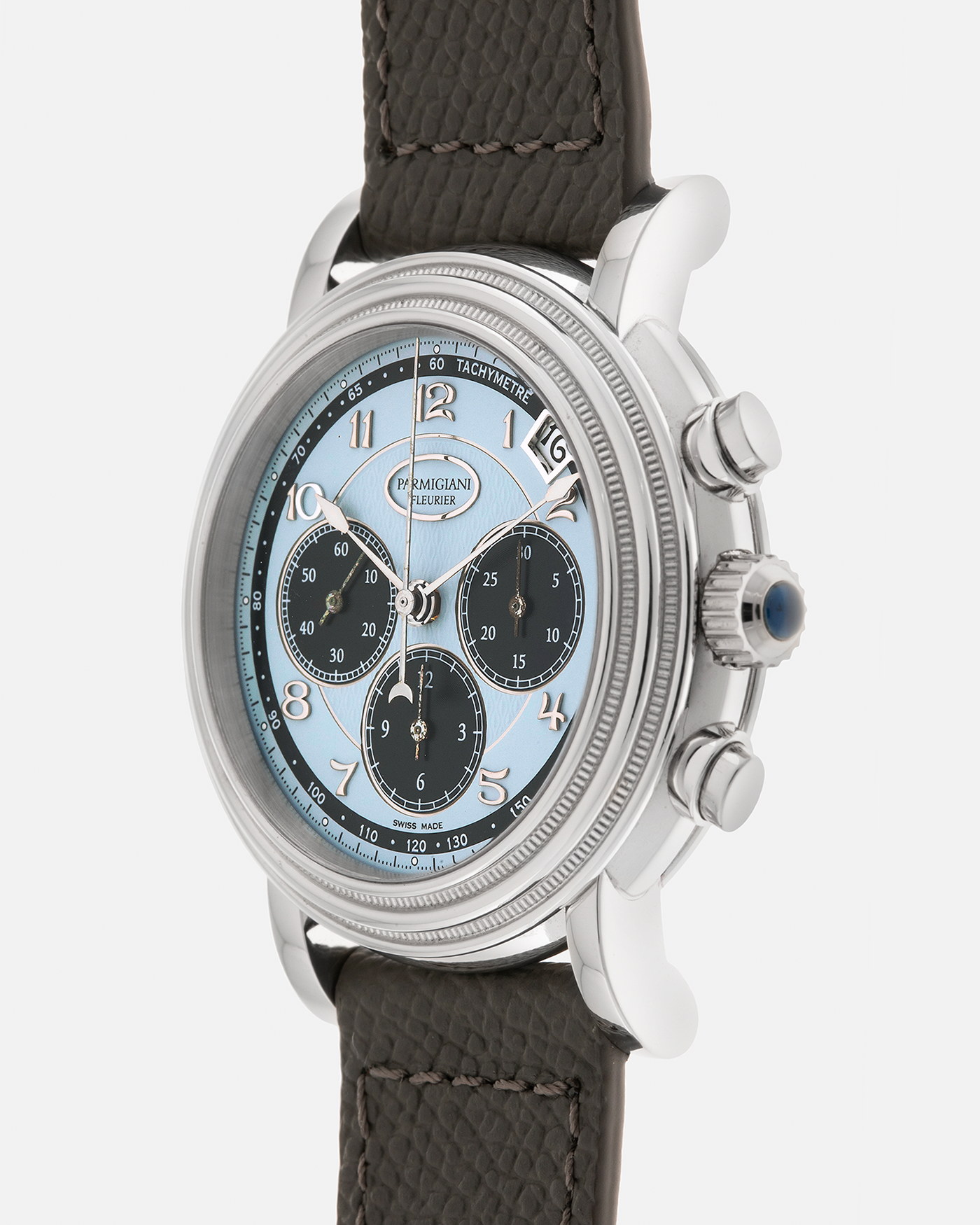 Brand: Parmigiani Fleurier
Year: 2003
Model: Toric Chronograph
Reference: PF006783
Material: Platinum 950
Movement: Parmigiani Fleurier Cal. PF400z (Based on Zenith El Primero 400z), Self-Winding
Case Dimensions: 40mm
Lug Width: 20mm
Strap: Phillips Bacs & Russo Taupe Textured Calf Leather Strap with Signed Platinum 950 Tang Buckle, with extra Parmigiani Fleurier Black Alligator Leather Strap