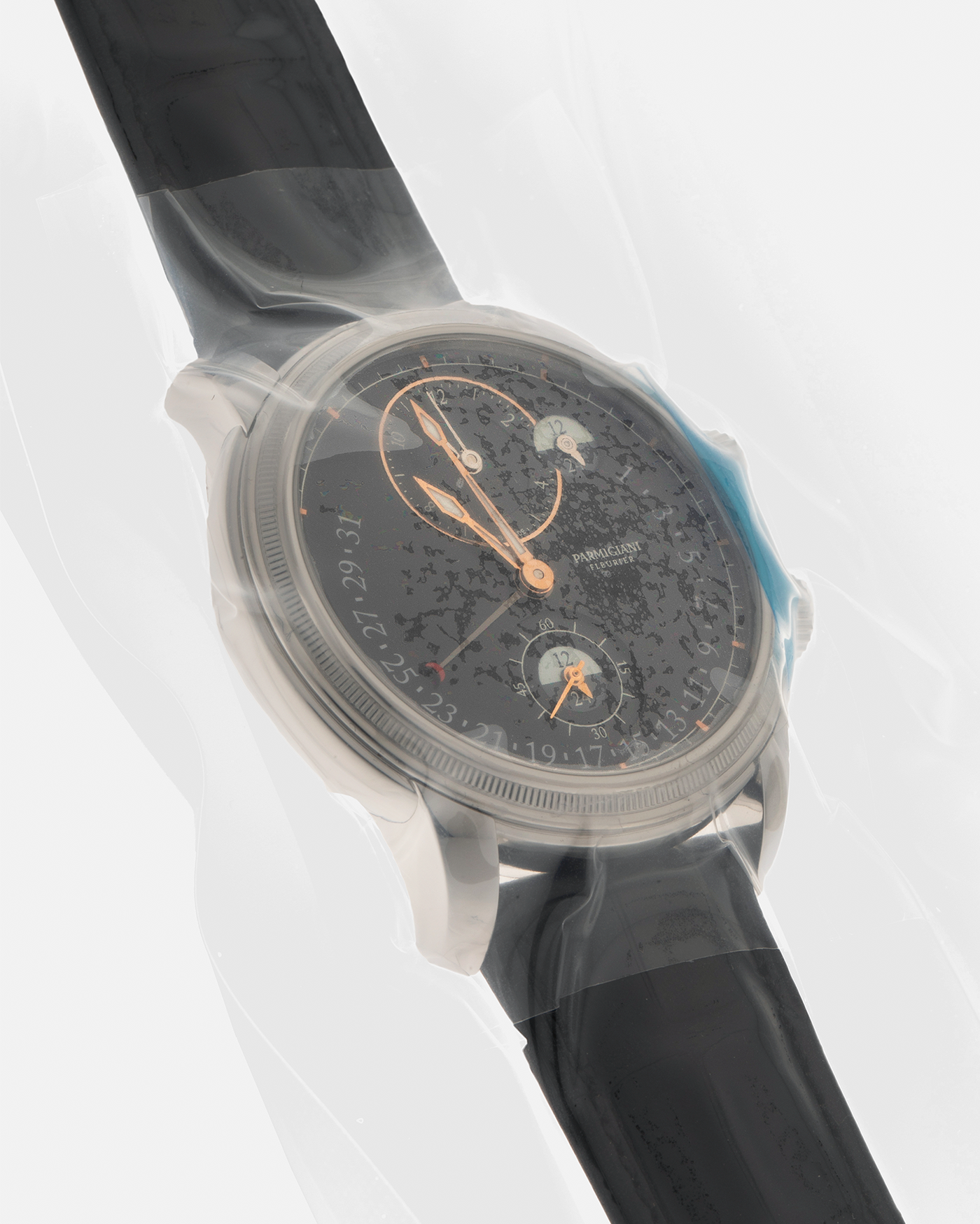 Brand: Parmigiani Fleurier
Year: 2023
Model: Toric Hemisphères Rétrograde
Reference: PFC493-0001400-XA1442
Material: Stainless Steel Case, 18-carat Pink Gold Accents
Movement: Parmigiani Fleurier Cal. 317, Self-Winding
Case Dimensions: 42.8mm x 14.16mm (Lug-to-Lug 47.5mm)
Lug Width: 22mm
Strap: Hermès for Parmigiani Fleurier Black Alligator Leather Strap with Stainless Steel Signed Deployant Clasp