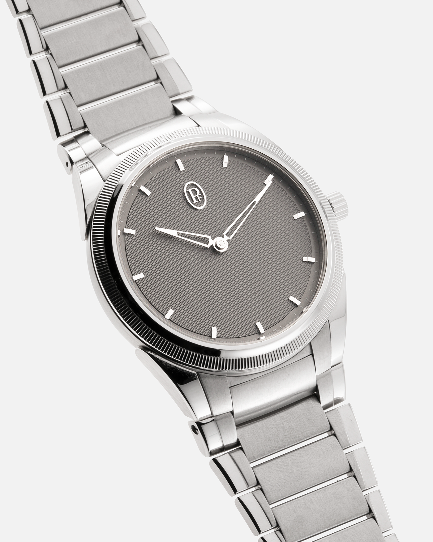 Brand: Parmigiani Fleurier Year: 2023 Model: Tonda PF Silver Sand Material: Stainless Steel Movement: Cal. PF 770, Self-Winding Case Diameter: 36mm Strap: Parmigiani Integrated Stainless Steel Bracelet with Signed Clasp