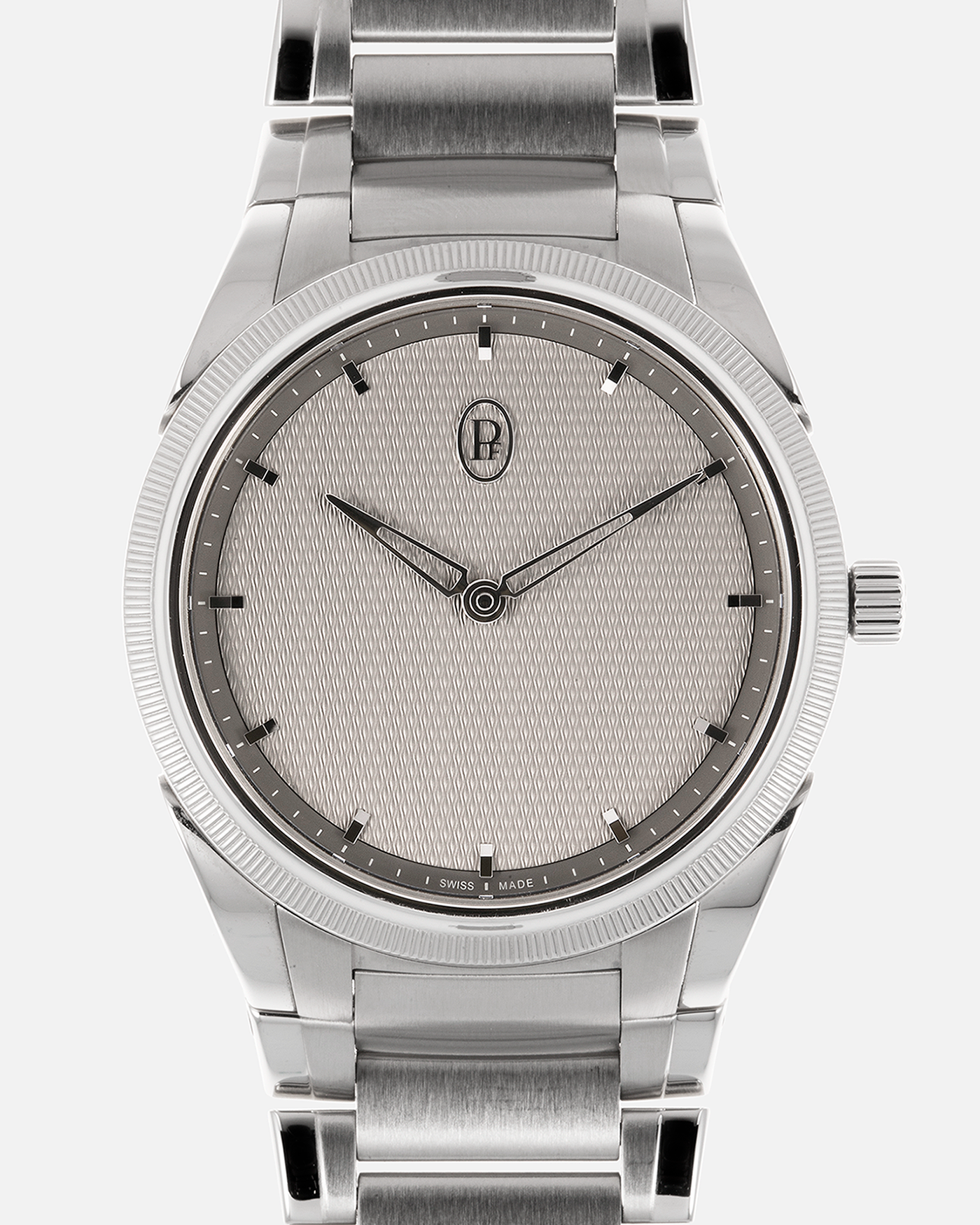 Brand: Parmigiani Fleurier Year: 2023 Model: Tonda PF Silver Sand Material: Stainless Steel Movement: Cal. PF 770, Self-Winding Case Diameter: 36mm Strap: Parmigiani Integrated Stainless Steel Bracelet with Signed Clasp