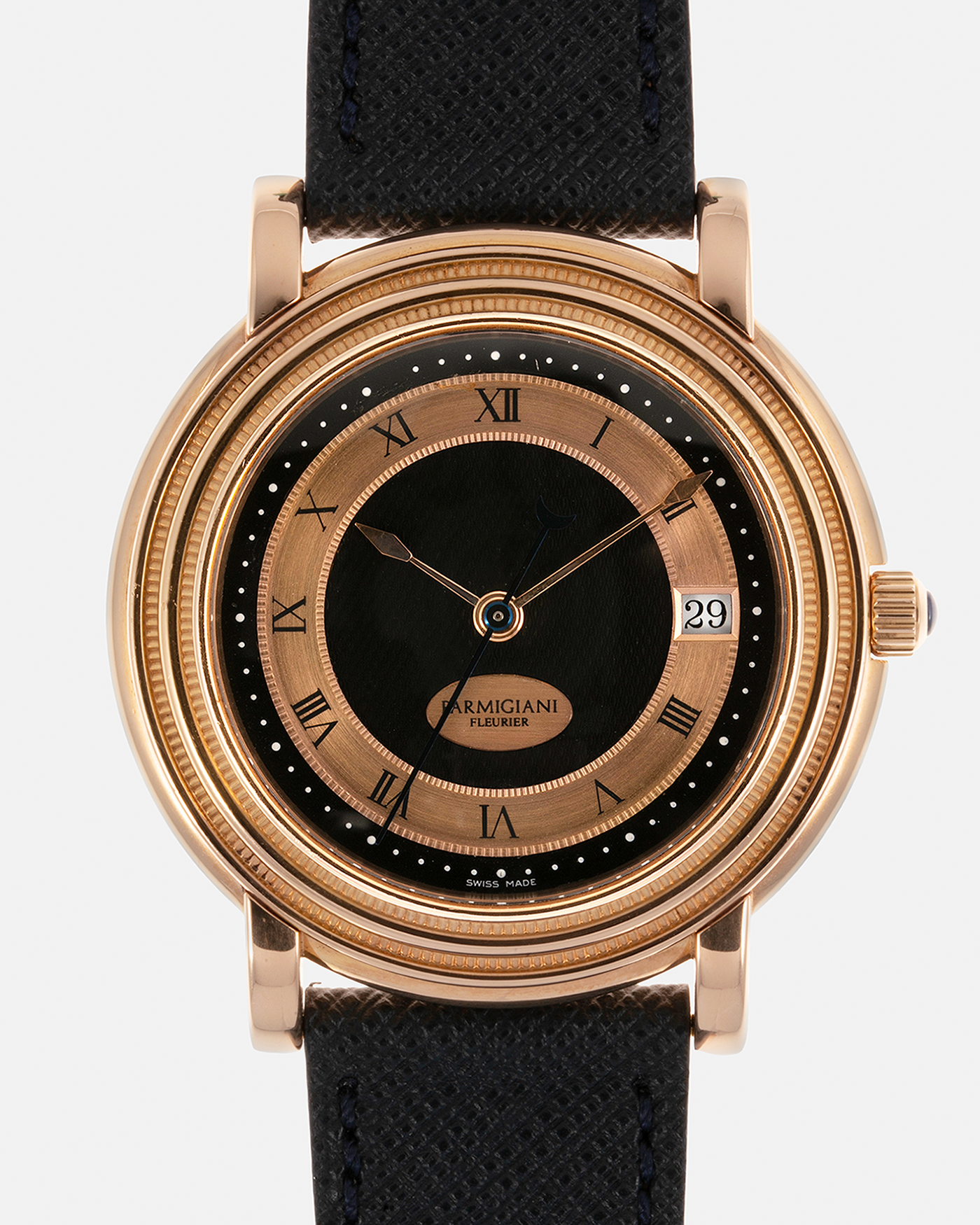 Brand: Parmigiani Fleurier Year: 1990’s Model: Toric Automatic Material: 18-carat Rose Gold Movement: PF Cal. 13301, Self-Winding Case Diameter: 40mm Lug Width: 20mm Strap: Molequin Navy Textured Calf Leather Strap with Signed 18-carat Rose Gold Tang Buckle