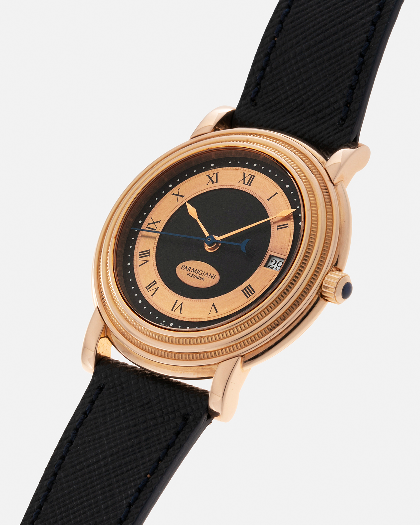Brand: Parmigiani Fleurier Year: 1990’s Model: Toric Automatic Material: 18-carat Rose Gold Movement: PF Cal. 13301, Self-Winding Case Diameter: 40mm Lug Width: 20mm Strap: Molequin Navy Textured Calf Leather Strap with Signed 18-carat Rose Gold Tang Buckle
