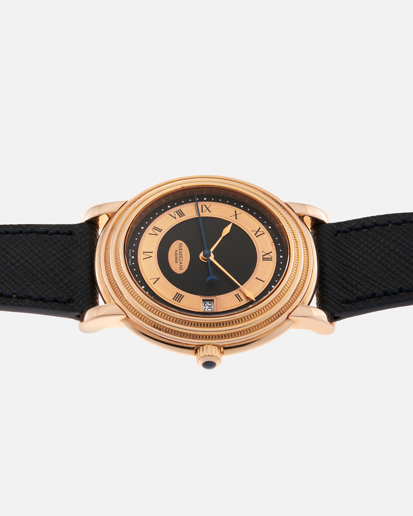 Brand: Parmigiani Fleurier Year: 1990’s Model: Toric Automatic Material: 18-carat Rose Gold Movement: PF Cal. 13301, Self-Winding Case Diameter: 40mm Lug Width: 20mm Strap: Molequin Navy Textured Calf Leather Strap with Signed 18-carat Rose Gold Tang Buckle