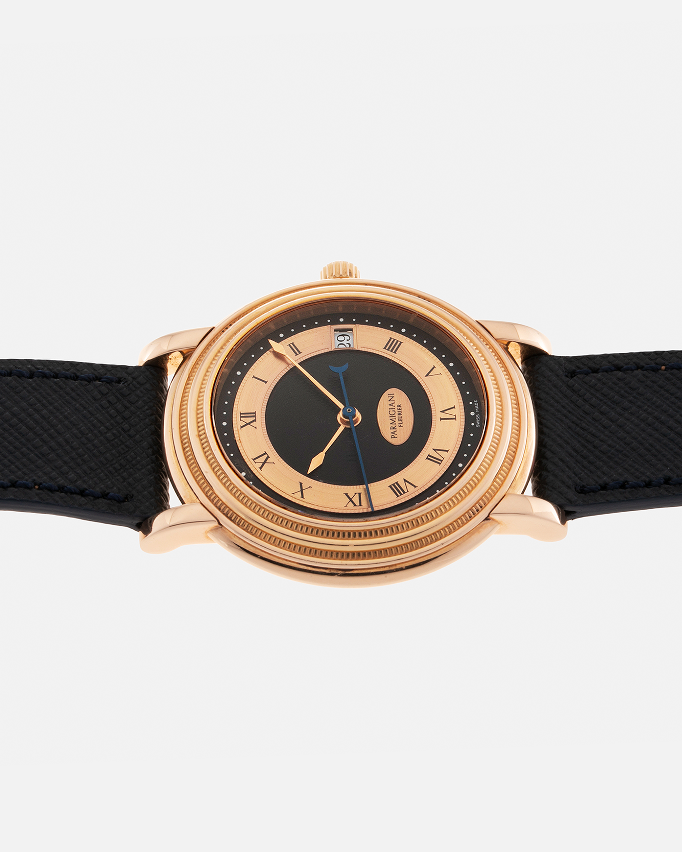 Brand: Parmigiani Fleurier Year: 1990’s Model: Toric Automatic Material: 18-carat Rose Gold Movement: PF Cal. 13301, Self-Winding Case Diameter: 40mm Lug Width: 20mm Strap: Molequin Navy Textured Calf Leather Strap with Signed 18-carat Rose Gold Tang Buckle