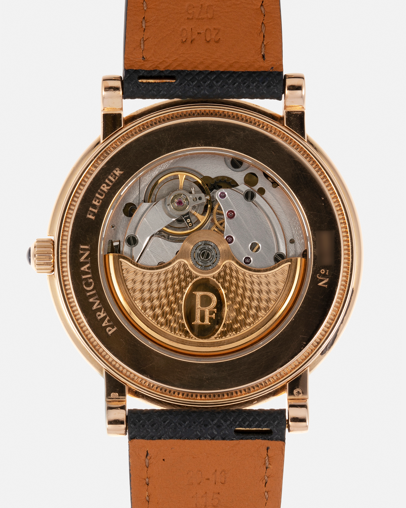 Brand: Parmigiani Fleurier Year: 1990’s Model: Toric Automatic Material: 18-carat Rose Gold Movement: PF Cal. 13301, Self-Winding Case Diameter: 40mm Lug Width: 20mm Strap: Molequin Navy Textured Calf Leather Strap with Signed 18-carat Rose Gold Tang Buckle
