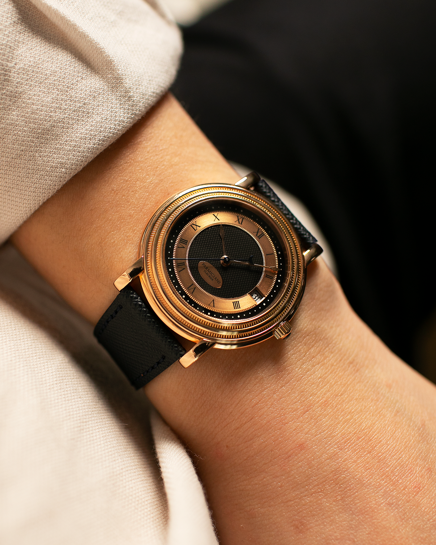 Brand: Parmigiani Fleurier Year: 1990’s Model: Toric Automatic Material: 18-carat Rose Gold Movement: PF Cal. 13301, Self-Winding Case Diameter: 40mm Lug Width: 20mm Strap: Molequin Navy Textured Calf Leather Strap with Signed 18-carat Rose Gold Tang Buckle