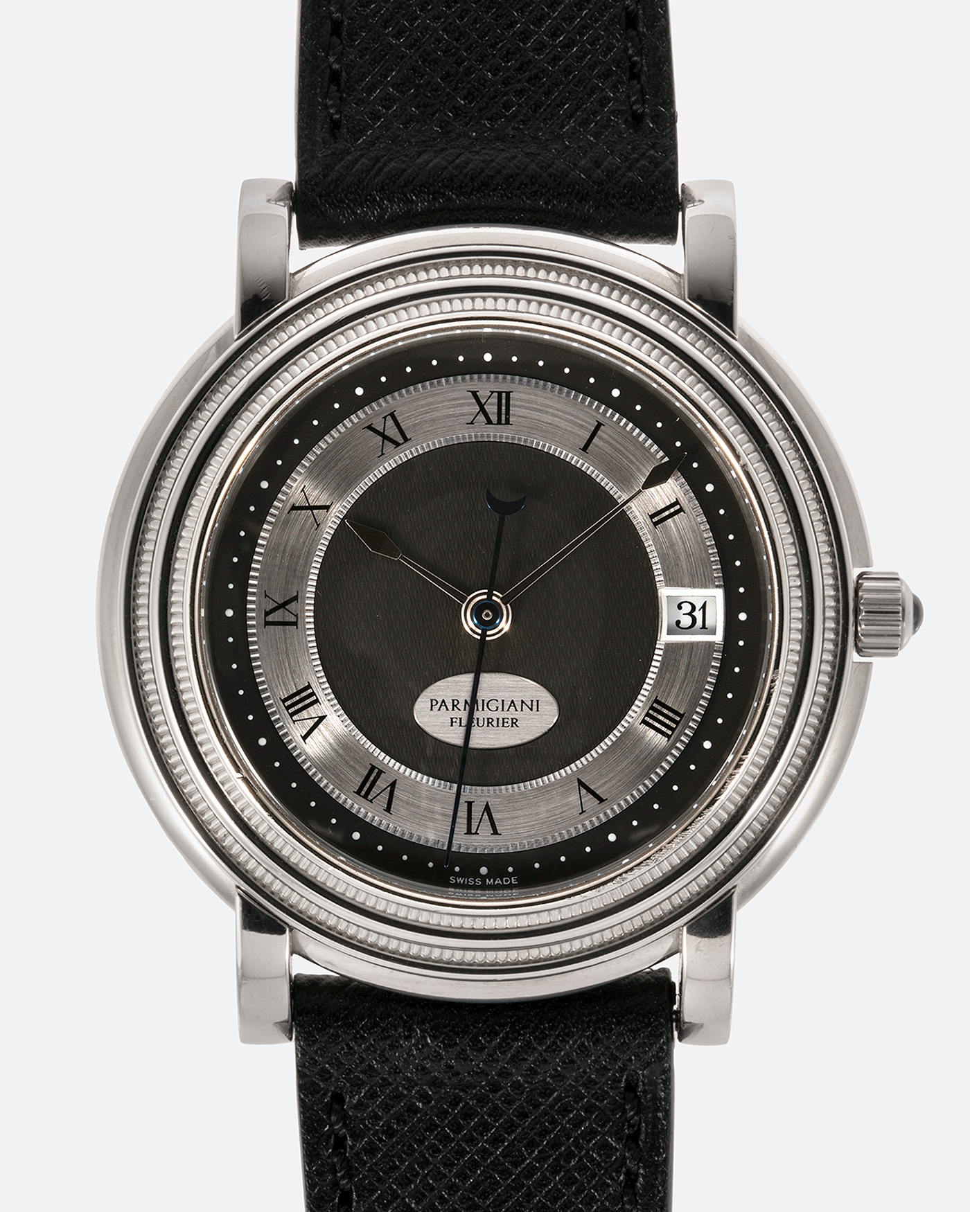 Brand: Parmigiani Fleurier Year: 1990’s Model: Toric Automatic Material: 18-carat White Gold Movement: PF Cal. 13301, Self-Winding Case Diameter: 40mm Strap: Molequin Black Textured Calf Leather Strap with 18-carat White Gold Signed Tang Buckle