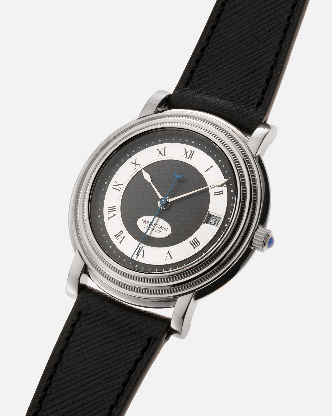 Brand: Parmigiani Fleurier Year: 1990’s Model: Toric Automatic Material: 18-carat White Gold Movement: PF Cal. 13301, Self-Winding Case Diameter: 40mm Strap: Molequin Black Textured Calf Leather Strap with 18-carat White Gold Signed Tang Buckle