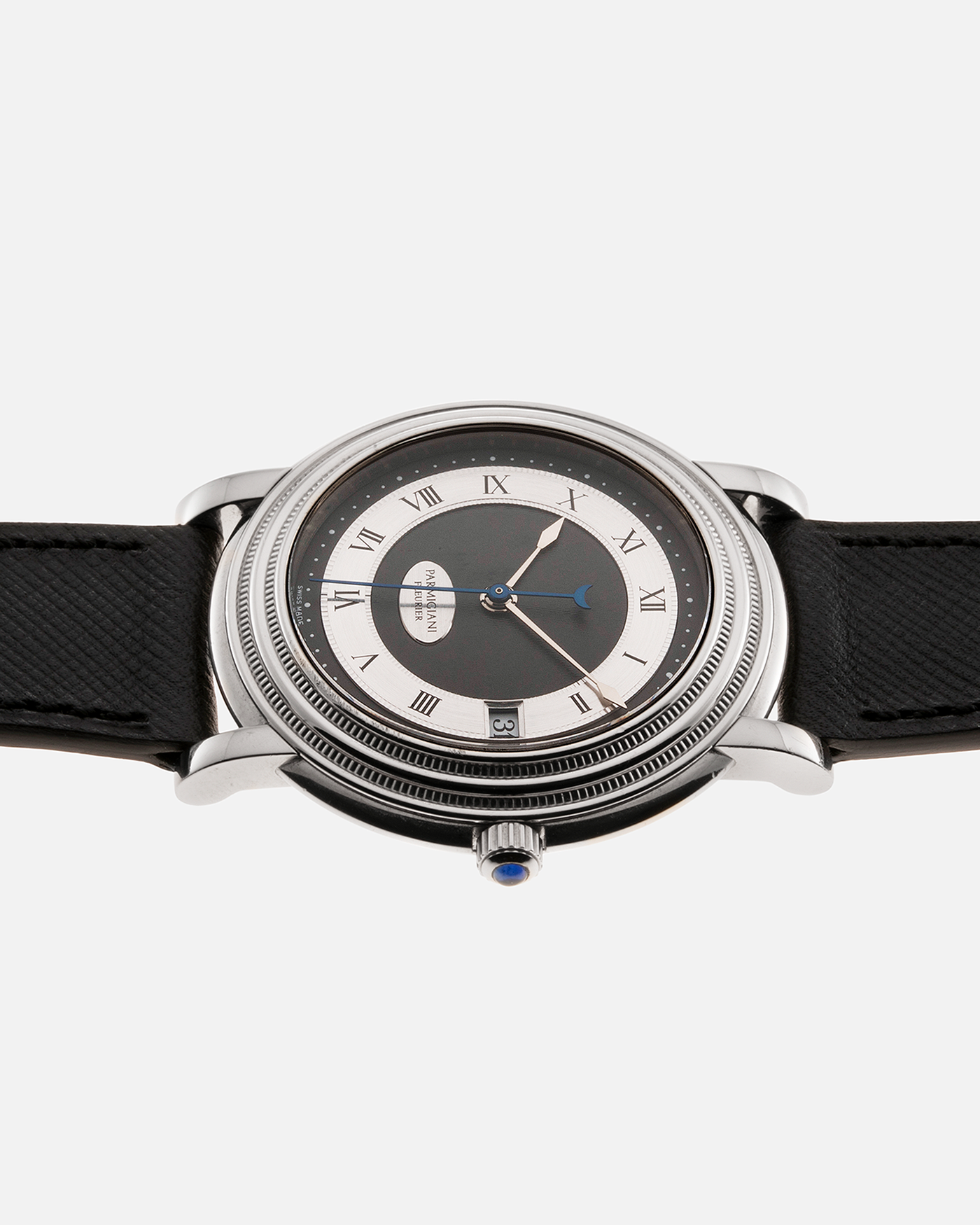 Brand: Parmigiani Fleurier Year: 1990’s Model: Toric Automatic Material: 18-carat White Gold Movement: PF Cal. 13301, Self-Winding Case Diameter: 40mm Strap: Molequin Black Textured Calf Leather Strap with 18-carat White Gold Signed Tang Buckle