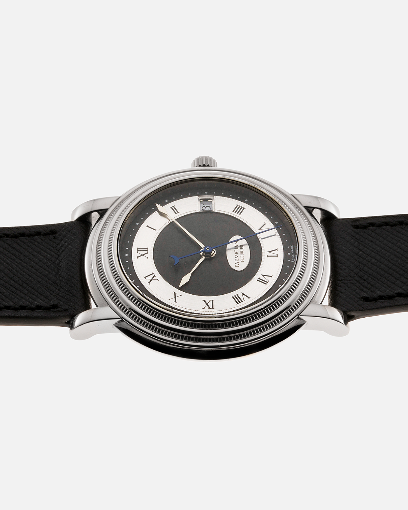 Brand: Parmigiani Fleurier Year: 1990’s Model: Toric Automatic Material: 18-carat White Gold Movement: PF Cal. 13301, Self-Winding Case Diameter: 40mm Strap: Molequin Black Textured Calf Leather Strap with 18-carat White Gold Signed Tang Buckle