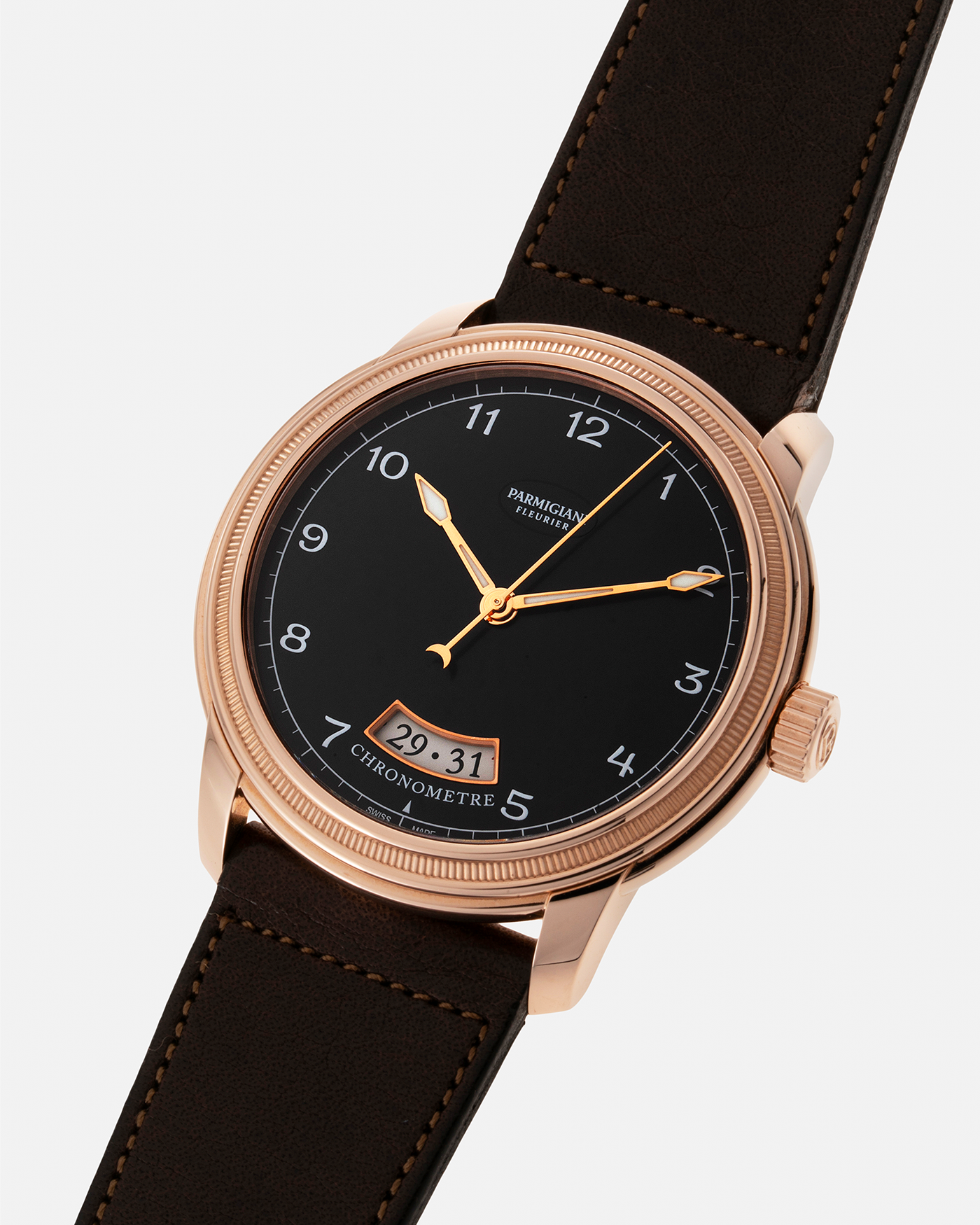 Brand: Parmigiani Fleurier Year: 2017 Model: Toric Chronometre Material: 18-carat Rose Gold Movement: PF Cal. PF 331, Self-Winding Case Diameter: 40.8mm Strap: Accurate Form Dark Brown Leather Strap with Signed 18-carat Rose Gold Tang Buckle.