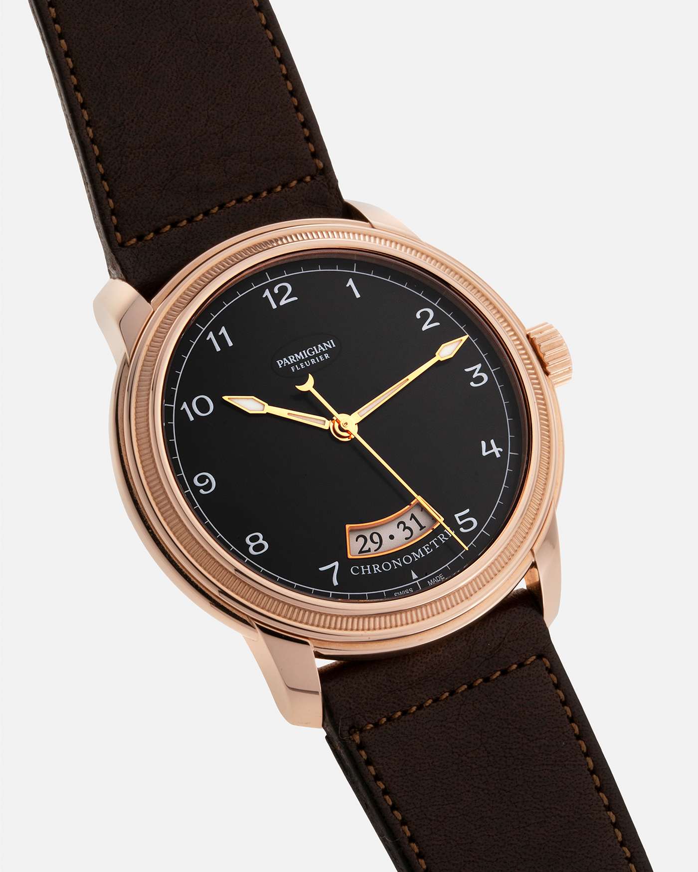 Brand: Parmigiani Fleurier Year: 2017 Model: Toric Chronometre Material: 18-carat Rose Gold Movement: PF Cal. PF 331, Self-Winding Case Diameter: 40.8mm Strap: Accurate Form Dark Brown Leather Strap with Signed 18-carat Rose Gold Tang Buckle.