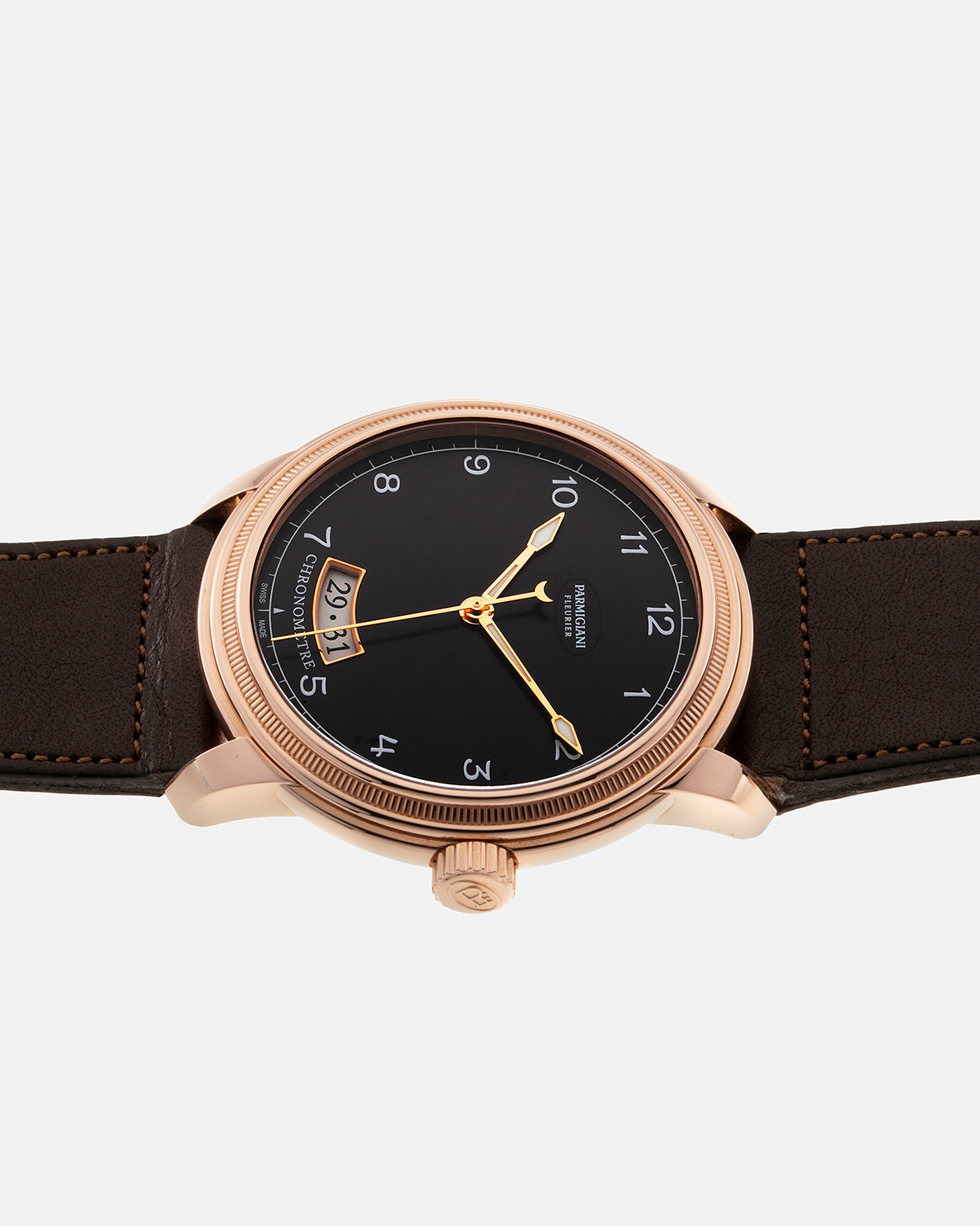 Brand: Parmigiani Fleurier Year: 2017 Model: Toric Chronometre Material: 18-carat Rose Gold Movement: PF Cal. PF 331, Self-Winding Case Diameter: 40.8mm Strap: Accurate Form Dark Brown Leather Strap with Signed 18-carat Rose Gold Tang Buckle.