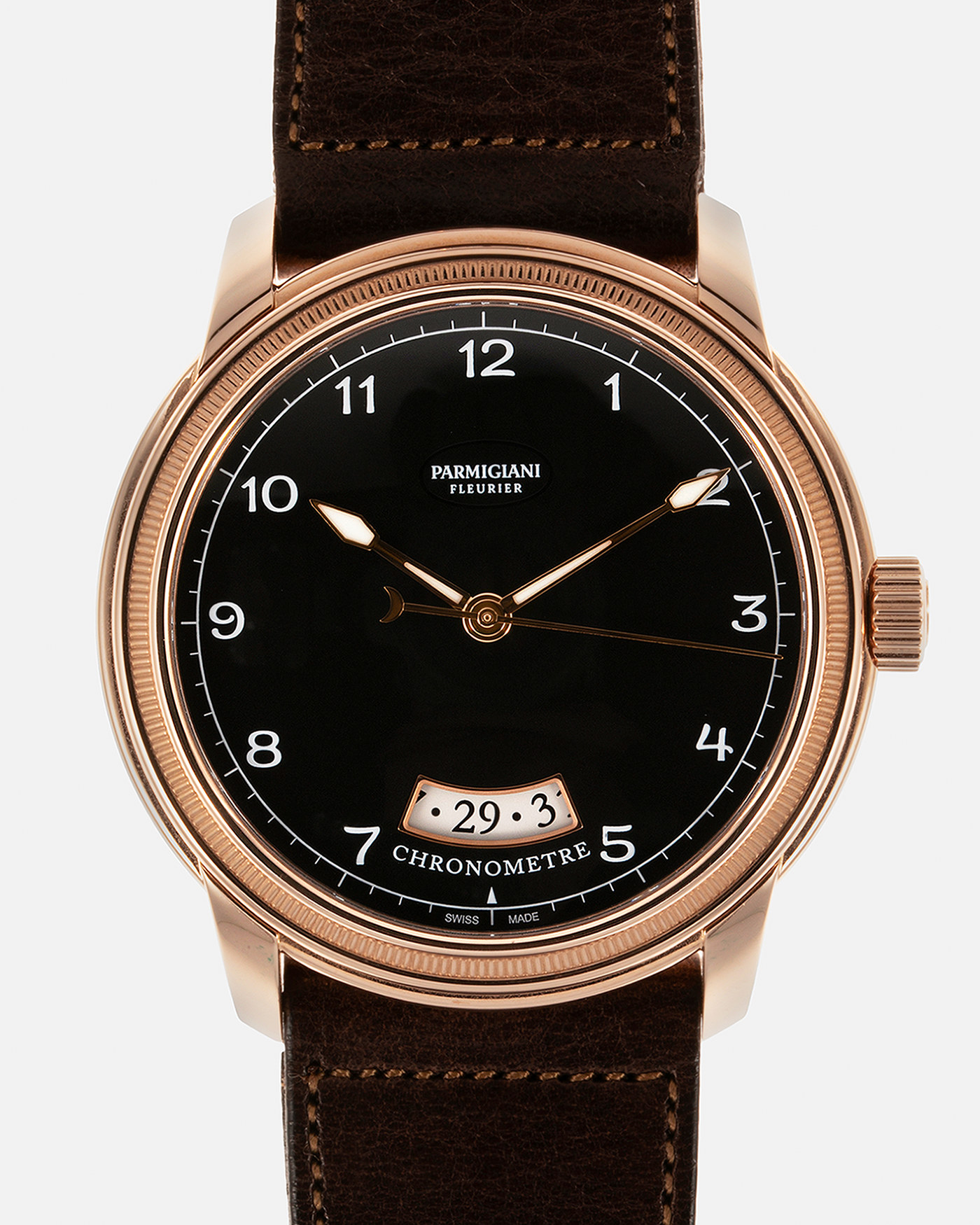 Brand: Parmigiani Fleurier Year: 2017 Model: Toric Chronometre Material: 18-carat Rose Gold Movement: PF Cal. PF 331, Self-Winding Case Diameter: 40.8mm Strap: Accurate Form Dark Brown Leather Strap with Signed 18-carat Rose Gold Tang Buckle.