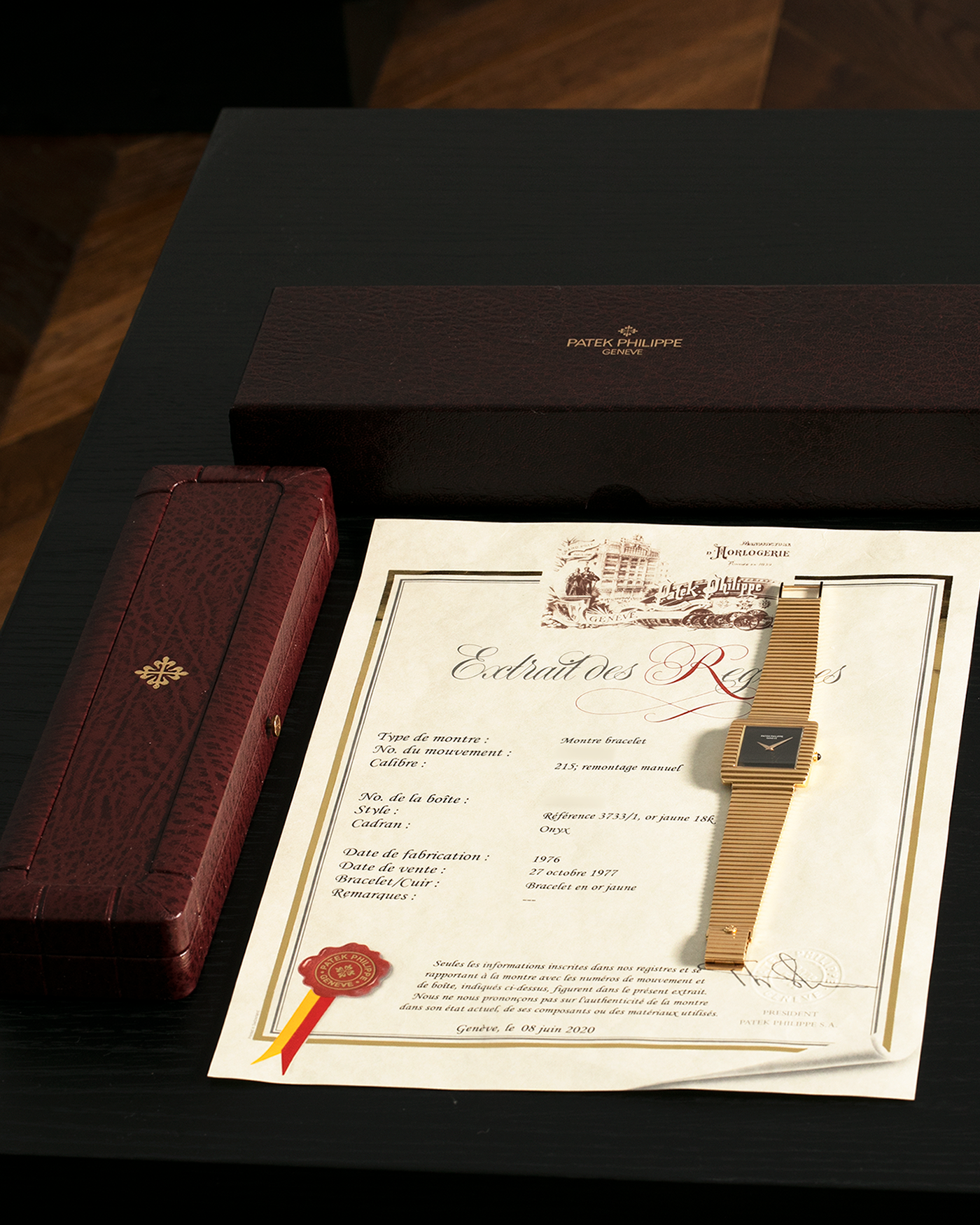 Brand: Patek Philippe
Year: 1976
Model: Gondolo
Reference Number: 3733J
Material: 18-carat Yellow Gold Case, Black Onyx Stone Dial
Movement: Patek Philippe Cal. 215, Manual-Winding
Case Dimensions: 29mm x 33mm (Including Lugs) x 6.5mm
Bracelet: Patek Philippe Ribbed Integrated Bracelet in 18-carat Yellow Gold with Signed Clasp