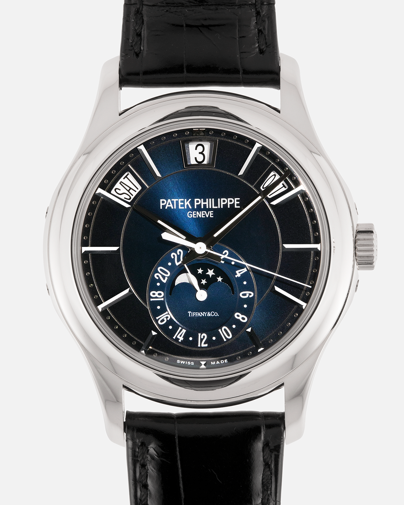 Brand: Patek Philippe
Year: 2019
Model: Annual Calendar
Reference Number: 5205G
Material: 18k White Gold
Movement: Caliber 324 S QA LU 24H
Case Dimensions: 40mm Diameter 11.36mm Thickness
Strap: Patek Philippe Black Alligator Strap and 18k White Gold Patek Philippe Tang Buckle