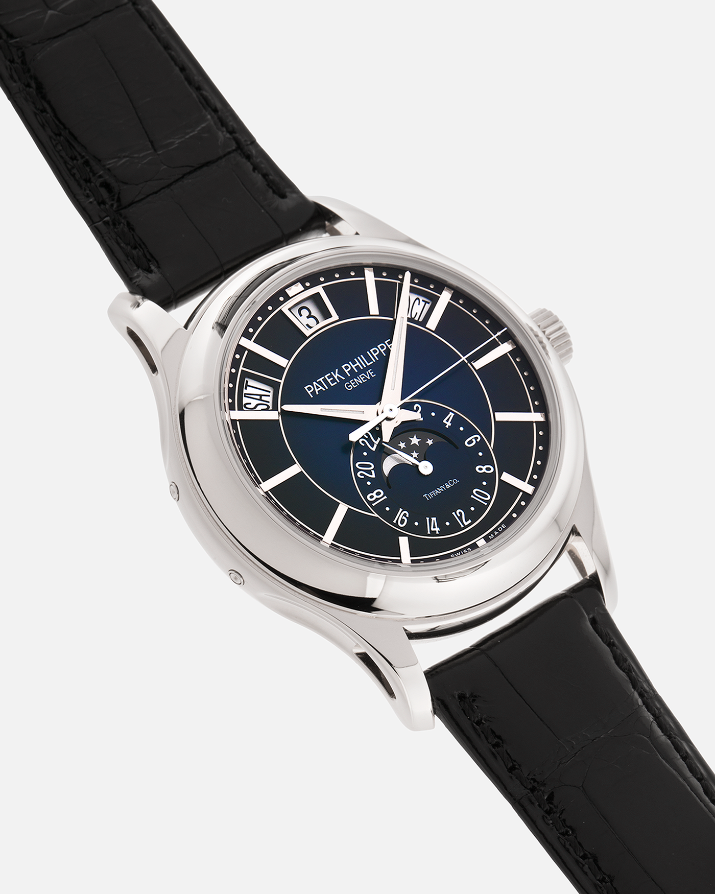 Brand: Patek Philippe
Year: 2019
Model: Annual Calendar
Reference Number: 5205G
Material: 18k White Gold
Movement: Caliber 324 S QA LU 24H
Case Dimensions: 40mm Diameter 11.36mm Thickness
Strap: Patek Philippe Black Alligator Strap and 18k White Gold Patek Philippe Tang Buckle