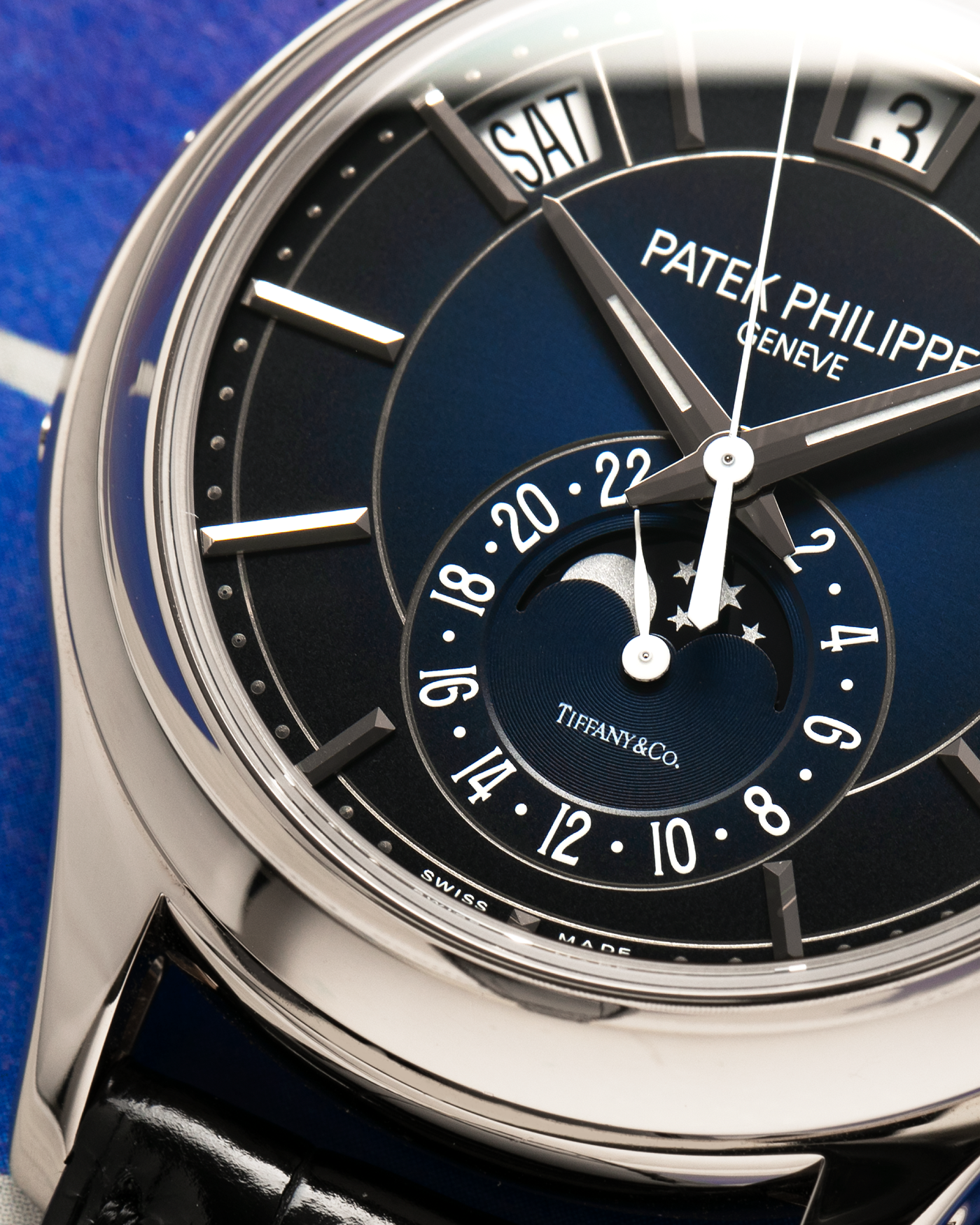 Brand: Patek Philippe
Year: 2019
Model: Annual Calendar
Reference Number: 5205G
Material: 18k White Gold
Movement: Caliber 324 S QA LU 24H
Case Dimensions: 40mm Diameter 11.36mm Thickness
Strap: Patek Philippe Black Alligator Strap and 18k White Gold Patek Philippe Tang Buckle