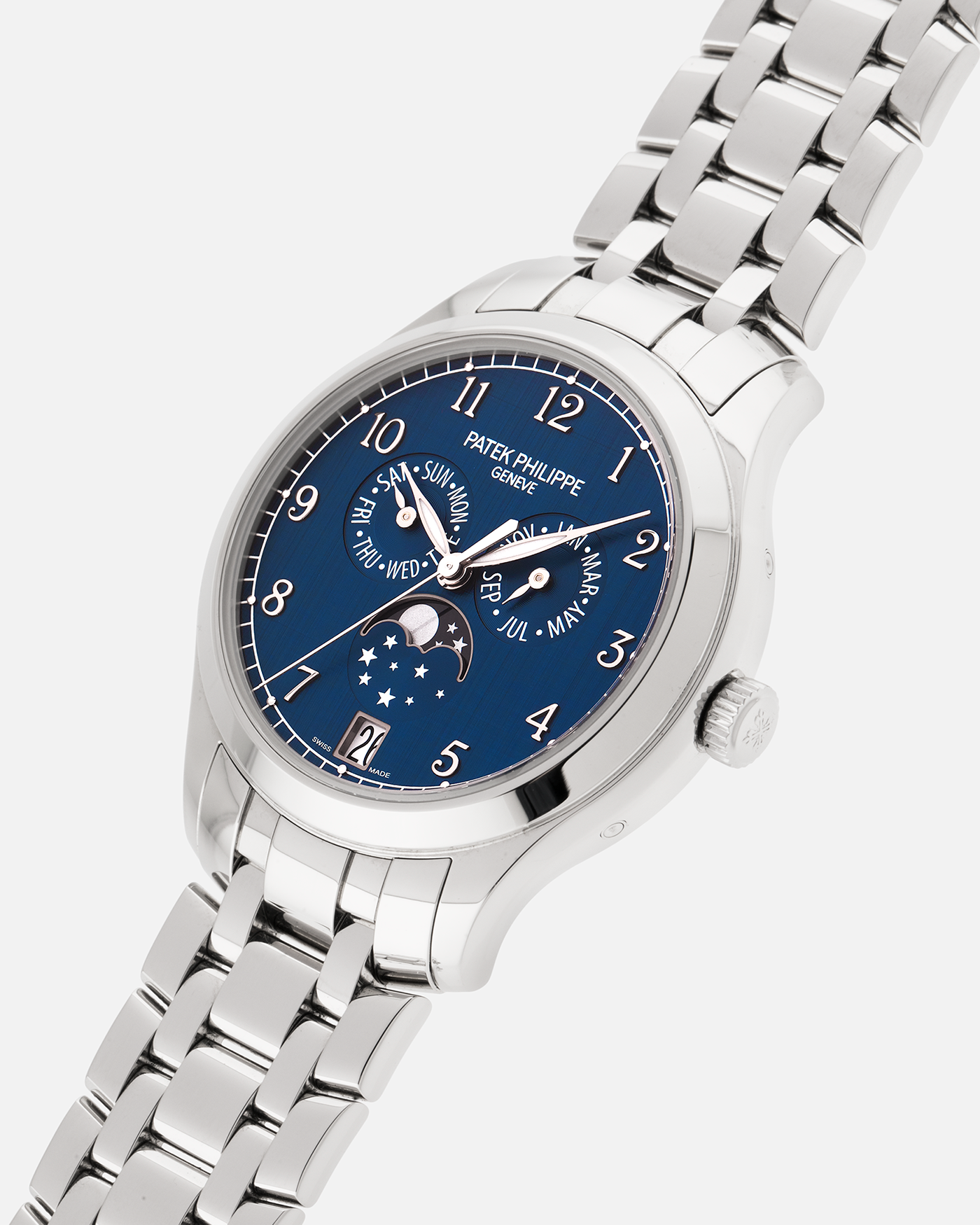 Brand: Patek Philippe
Year: 2023
Model: Annual Calendar Moonphase
Reference: 4947/1A-001
Material: Stainless Steel
Movement: Patek Philippe Self-Winding Cal. 26-330 S QA LU
Case Dimensions: 38mm Diameter 11mm Thickness
Lug Width: 19mm
Bracelet: Patek Philippe Stainless Steel Bracelet with Signed Clasp