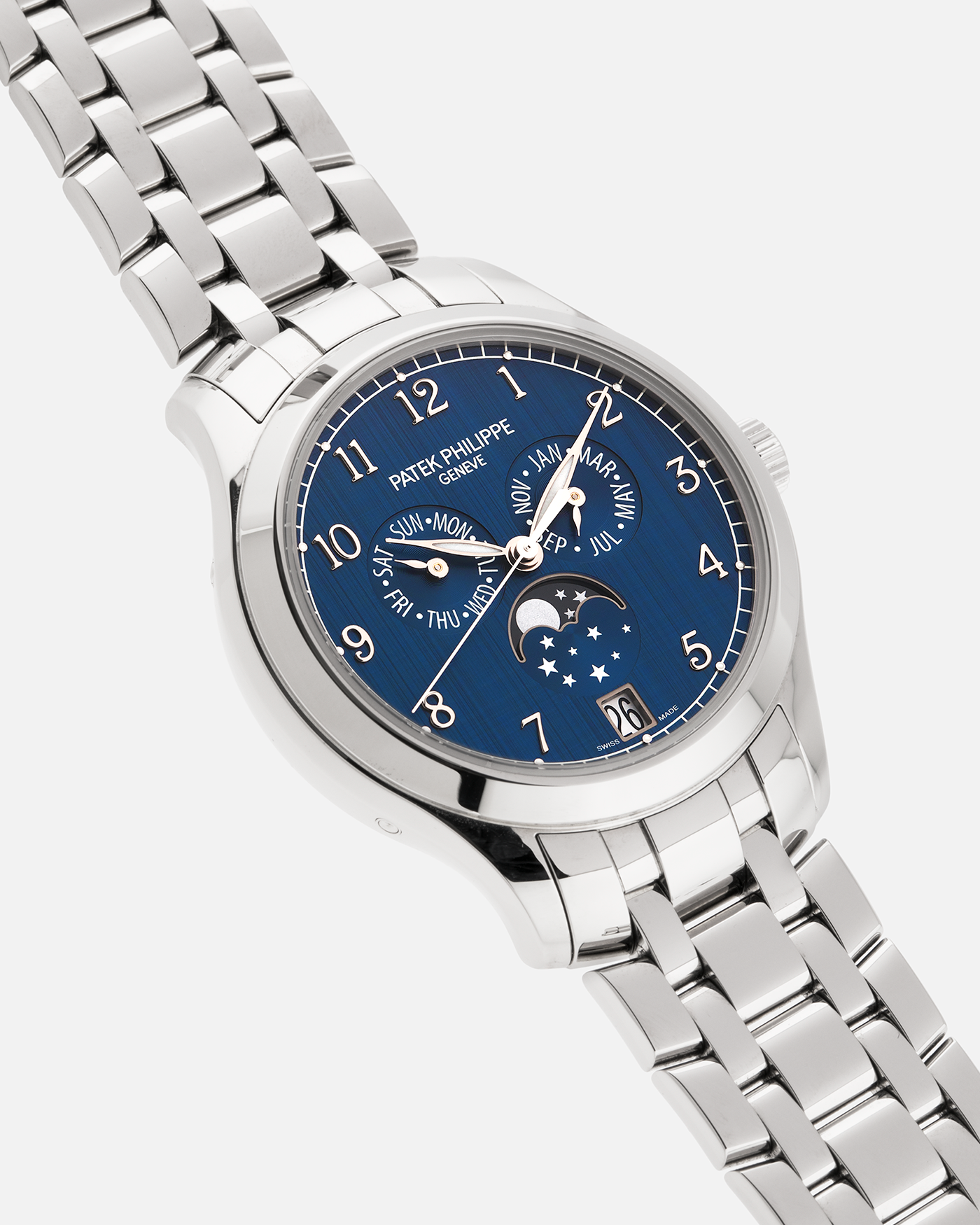 Brand: Patek Philippe
Year: 2023
Model: Annual Calendar Moonphase
Reference: 4947/1A-001
Material: Stainless Steel
Movement: Patek Philippe Self-Winding Cal. 26-330 S QA LU
Case Dimensions: 38mm Diameter 11mm Thickness
Lug Width: 19mm
Bracelet: Patek Philippe Stainless Steel Bracelet with Signed Clasp