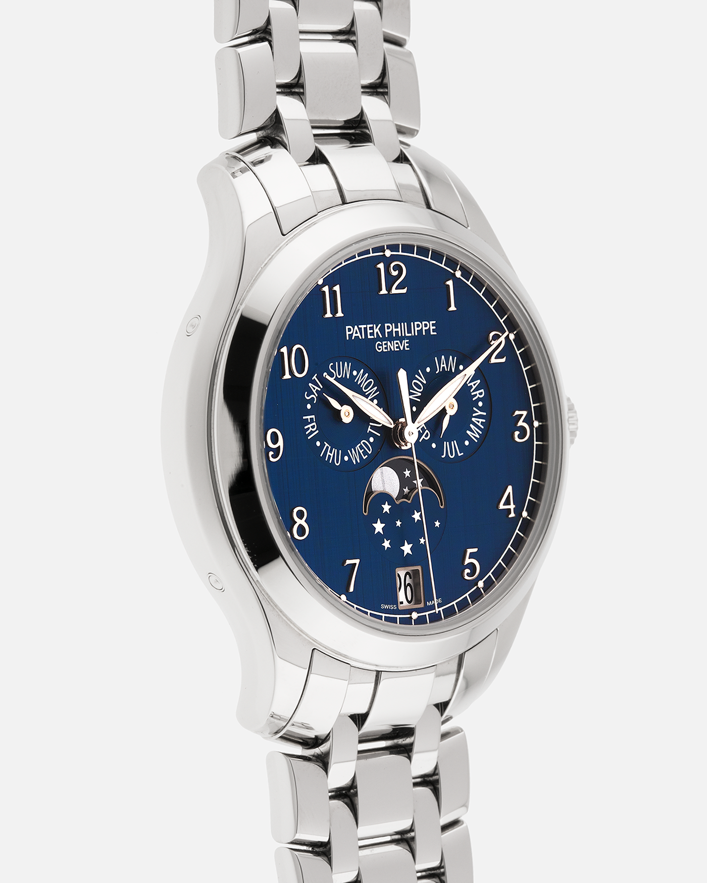 Brand: Patek Philippe
Year: 2023
Model: Annual Calendar Moonphase
Reference: 4947/1A-001
Material: Stainless Steel
Movement: Patek Philippe Self-Winding Cal. 26-330 S QA LU
Case Dimensions: 38mm Diameter 11mm Thickness
Lug Width: 19mm
Bracelet: Patek Philippe Stainless Steel Bracelet with Signed Clasp
