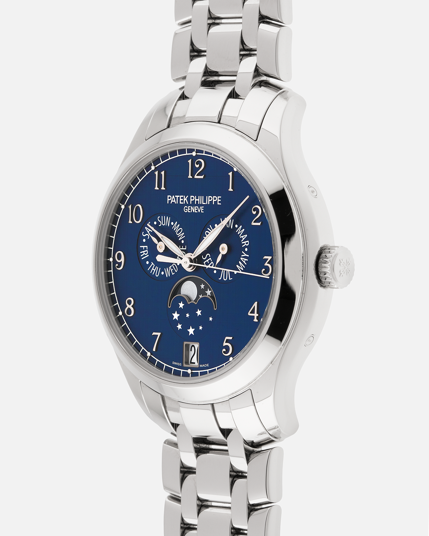 Brand: Patek Philippe
Year: 2023
Model: Annual Calendar Moonphase
Reference: 4947/1A-001
Material: Stainless Steel
Movement: Patek Philippe Self-Winding Cal. 26-330 S QA LU
Case Dimensions: 38mm Diameter 11mm Thickness
Lug Width: 19mm
Bracelet: Patek Philippe Stainless Steel Bracelet with Signed Clasp