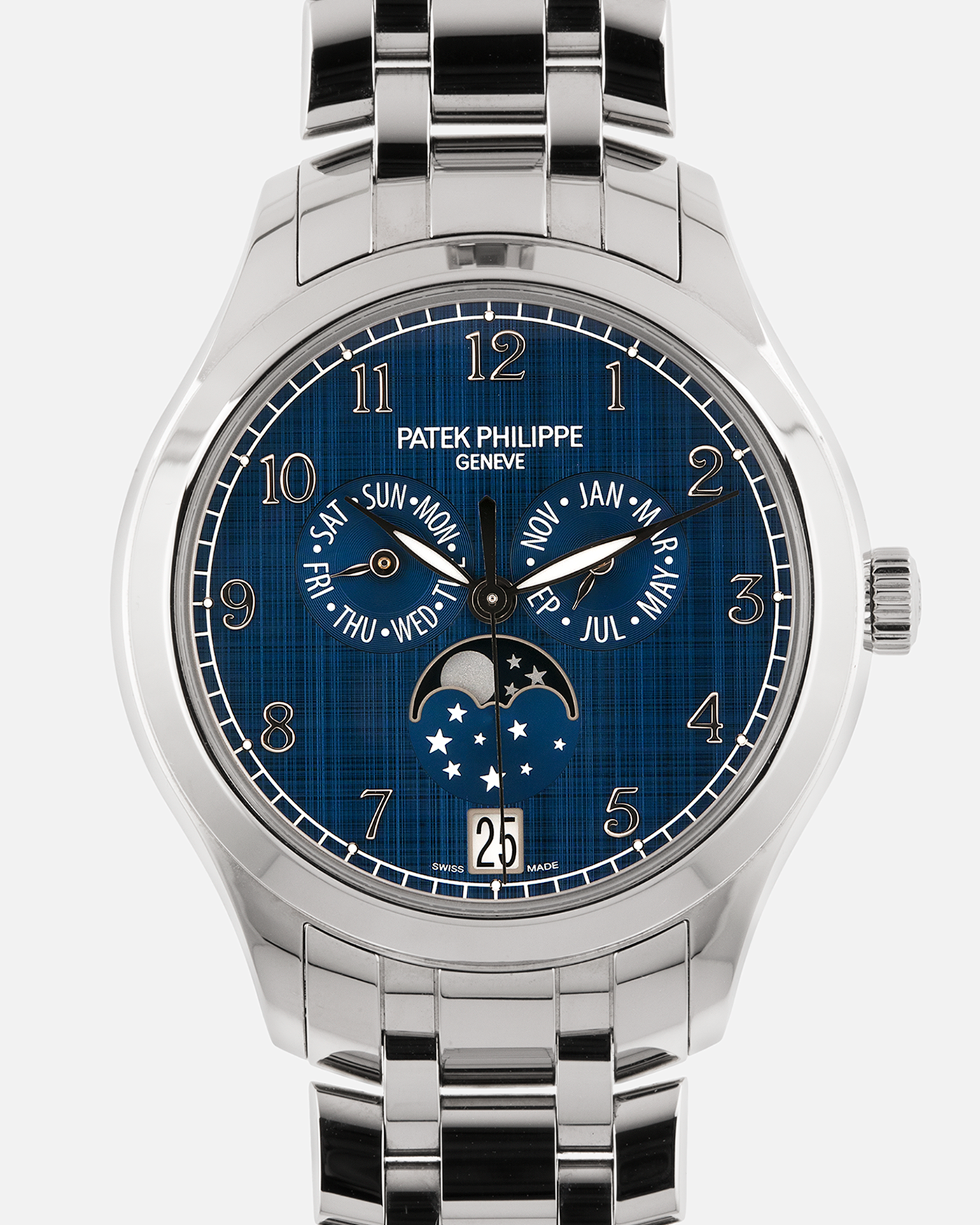 Brand: Patek Philippe
Year: 2023
Model: Annual Calendar Moonphase
Reference: 4947/1A-001
Material: Stainless Steel
Movement: Patek Philippe Self-Winding Cal. 26-330 S QA LU
Case Dimensions: 38mm Diameter 11mm Thickness
Lug Width: 19mm
Bracelet: Patek Philippe Stainless Steel Bracelet with Signed Clasp