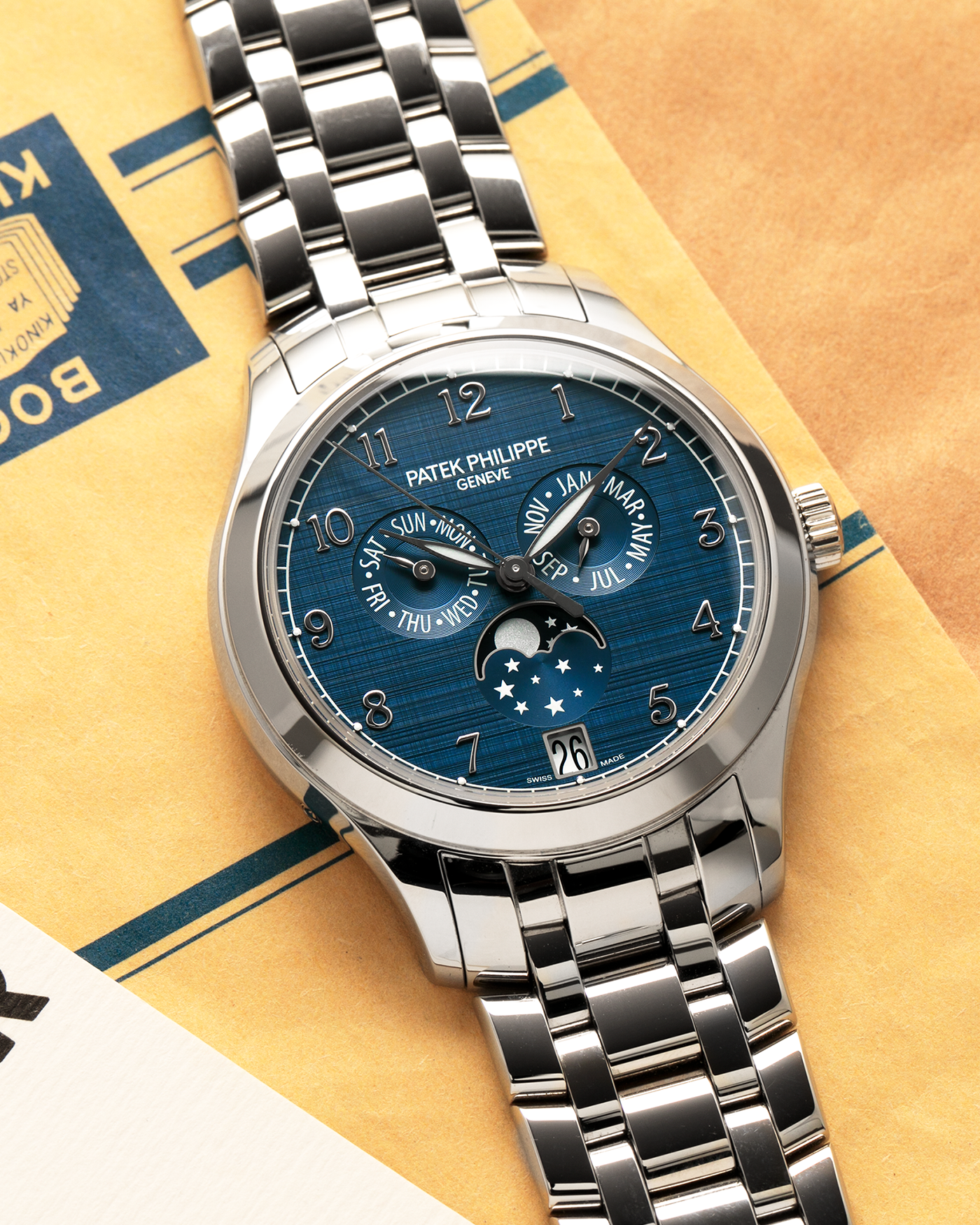 Brand: Patek Philippe
Year: 2023
Model: Annual Calendar Moonphase
Reference: 4947/1A-001
Material: Stainless Steel
Movement: Patek Philippe Self-Winding Cal. 26-330 S QA LU
Case Dimensions: 38mm Diameter 11mm Thickness
Lug Width: 19mm
Bracelet: Patek Philippe Stainless Steel Bracelet with Signed Clasp