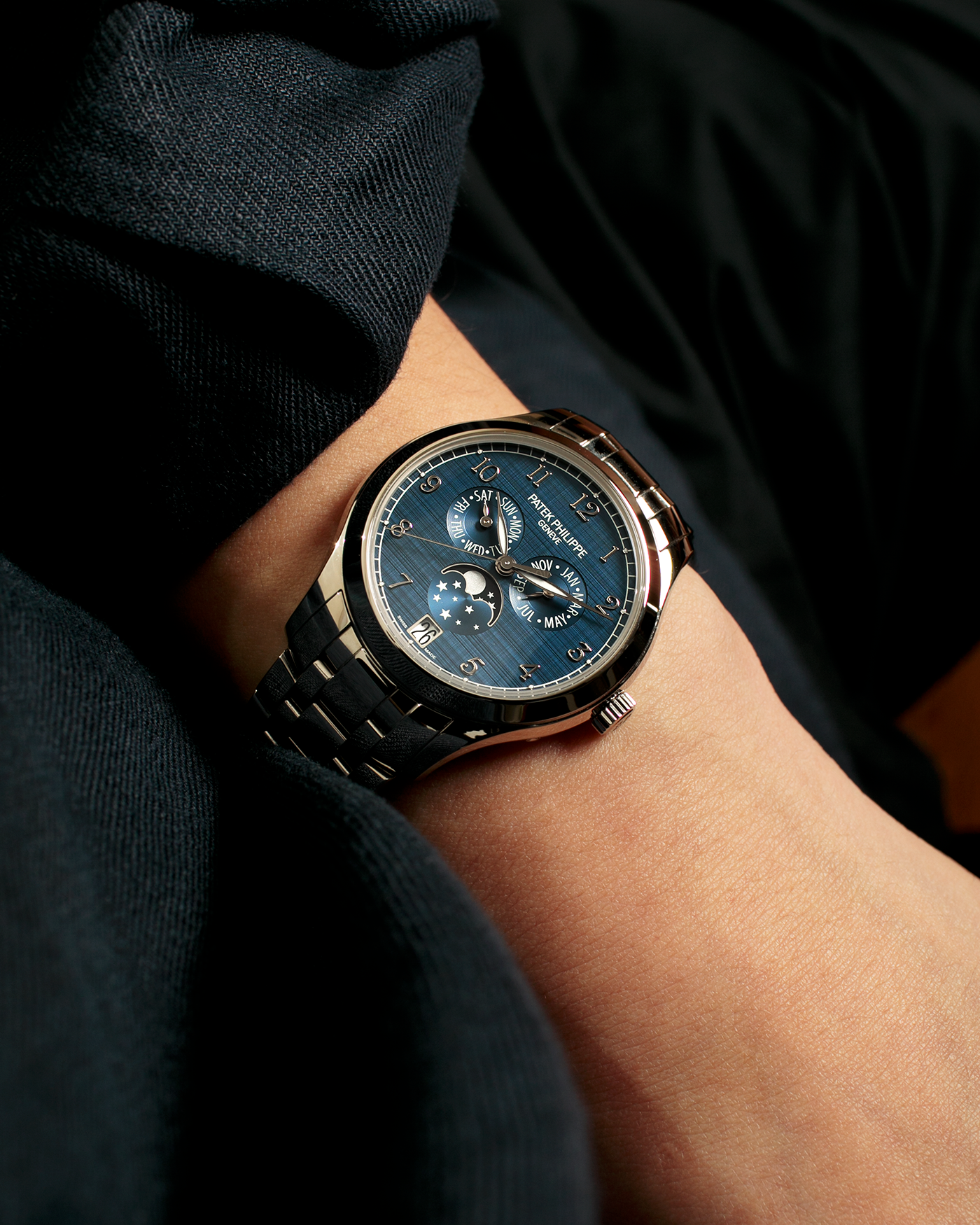 Brand: Patek Philippe
Year: 2023
Model: Annual Calendar Moonphase
Reference: 4947/1A-001
Material: Stainless Steel
Movement: Patek Philippe Self-Winding Cal. 26-330 S QA LU
Case Dimensions: 38mm Diameter 11mm Thickness
Lug Width: 19mm
Bracelet: Patek Philippe Stainless Steel Bracelet with Signed Clasp