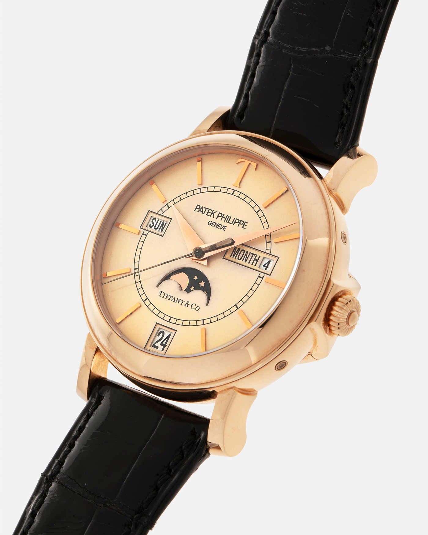 Brand: Patek Philippe
Year: 2001
Model: Annual Calendar
Reference Number: 5150R / ‘T150’
Material: 18-carat Rose Gold
Movement: Patek Philippe Cal. 315 S QA LU, Self-Winding
Case Dimensions: 36mm x 12.6mm (Lug-to-Lug 44mm)
Lug Width: 19mm
Strap: Patek Philippe Black Alligator Leather Strap with Signed 18-carat Rose Gold Tang Buckle