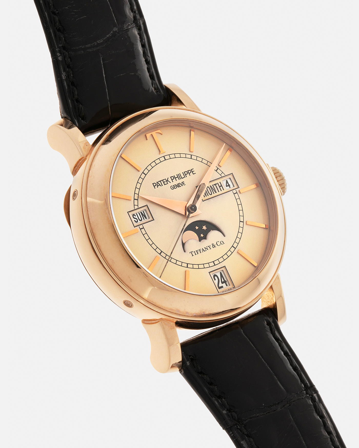 Brand: Patek Philippe
Year: 2001
Model: Annual Calendar
Reference Number: 5150R / ‘T150’
Material: 18-carat Rose Gold
Movement: Patek Philippe Cal. 315 S QA LU, Self-Winding
Case Dimensions: 36mm x 12.6mm (Lug-to-Lug 44mm)
Lug Width: 19mm
Strap: Patek Philippe Black Alligator Leather Strap with Signed 18-carat Rose Gold Tang Buckle