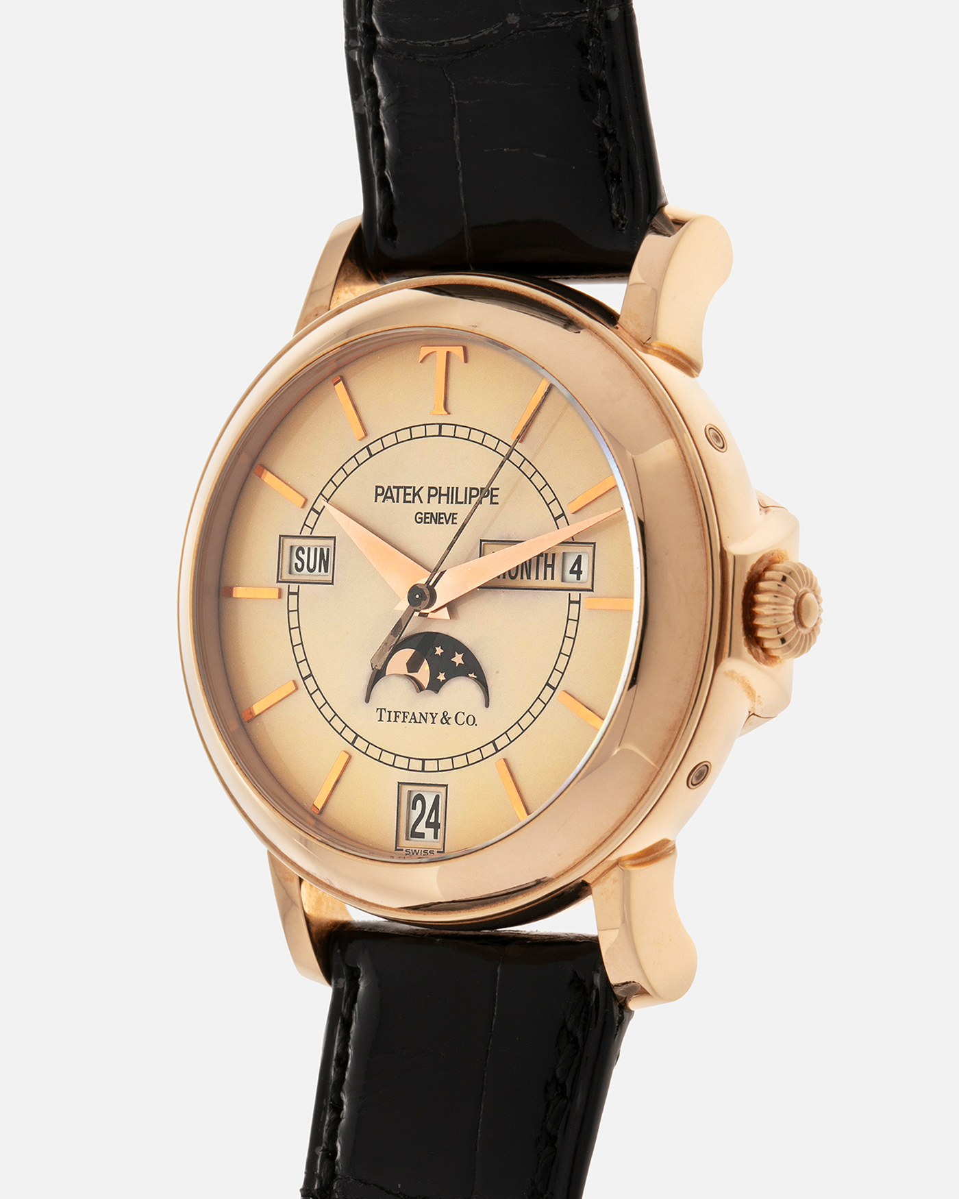 Brand: Patek Philippe
Year: 2001
Model: Annual Calendar
Reference Number: 5150R / ‘T150’
Material: 18-carat Rose Gold
Movement: Patek Philippe Cal. 315 S QA LU, Self-Winding
Case Dimensions: 36mm x 12.6mm (Lug-to-Lug 44mm)
Lug Width: 19mm
Strap: Patek Philippe Black Alligator Leather Strap with Signed 18-carat Rose Gold Tang Buckle