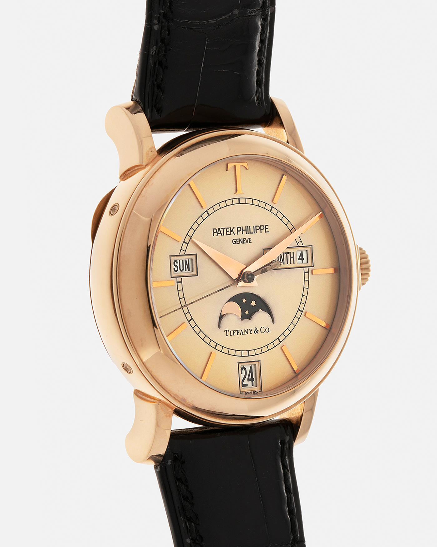 Brand: Patek Philippe
Year: 2001
Model: Annual Calendar
Reference Number: 5150R / ‘T150’
Material: 18-carat Rose Gold
Movement: Patek Philippe Cal. 315 S QA LU, Self-Winding
Case Dimensions: 36mm x 12.6mm (Lug-to-Lug 44mm)
Lug Width: 19mm
Strap: Patek Philippe Black Alligator Leather Strap with Signed 18-carat Rose Gold Tang Buckle