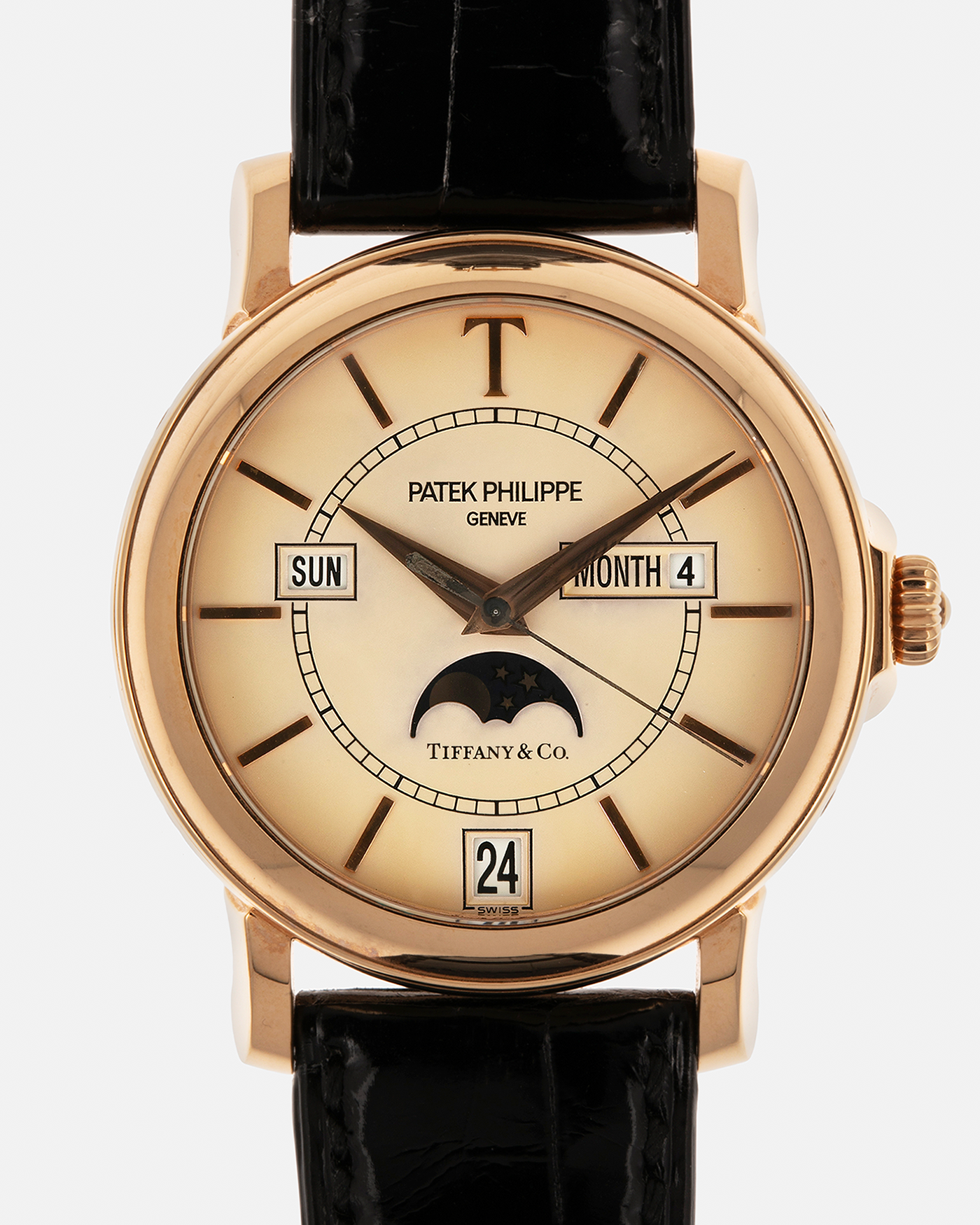 Brand: Patek Philippe
Year: 2001
Model: Annual Calendar
Reference Number: 5150R / ‘T150’
Material: 18-carat Rose Gold
Movement: Patek Philippe Cal. 315 S QA LU, Self-Winding
Case Dimensions: 36mm x 12.6mm (Lug-to-Lug 44mm)
Lug Width: 19mm
Strap: Patek Philippe Black Alligator Leather Strap with Signed 18-carat Rose Gold Tang Buckle