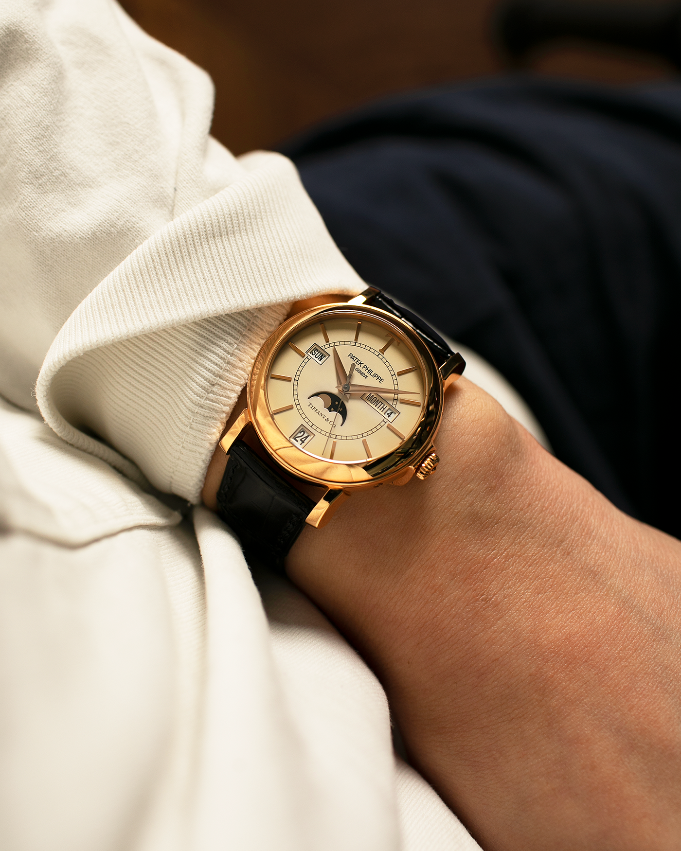 Brand: Patek Philippe
Year: 2001
Model: Annual Calendar
Reference Number: 5150R / ‘T150’
Material: 18-carat Rose Gold
Movement: Patek Philippe Cal. 315 S QA LU, Self-Winding
Case Dimensions: 36mm x 12.6mm (Lug-to-Lug 44mm)
Lug Width: 19mm
Strap: Patek Philippe Black Alligator Leather Strap with Signed 18-carat Rose Gold Tang Buckle