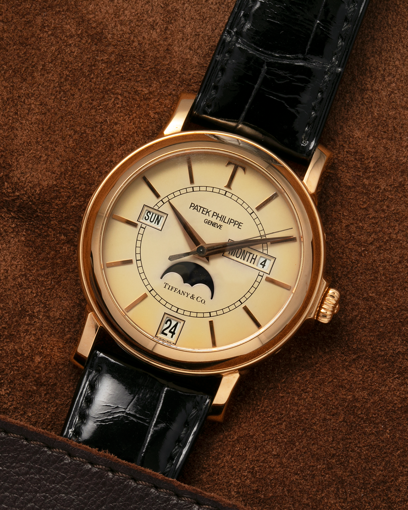 Brand: Patek Philippe
Year: 2001
Model: Annual Calendar
Reference Number: 5150R / ‘T150’
Material: 18-carat Rose Gold
Movement: Patek Philippe Cal. 315 S QA LU, Self-Winding
Case Dimensions: 36mm x 12.6mm (Lug-to-Lug 44mm)
Lug Width: 19mm
Strap: Patek Philippe Black Alligator Leather Strap with Signed 18-carat Rose Gold Tang Buckle
