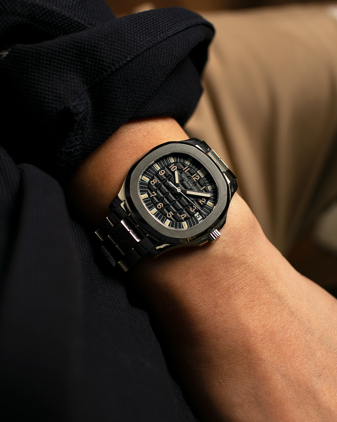 Brand: Patek Philippe
Year: 2000
Model: Aquanaut
Reference Number: 5065A
Material: Stainless Steel
Movement: Patek Philippe Cal. 315 SC. Self-Winding
Case Dimensions: 38mm x 8.2mm (Lug-to-Lug 44mm)
Lug Width: 19mm
Bracelet: Patek Philippe Multi-Link Stainless Steel Bracelet  