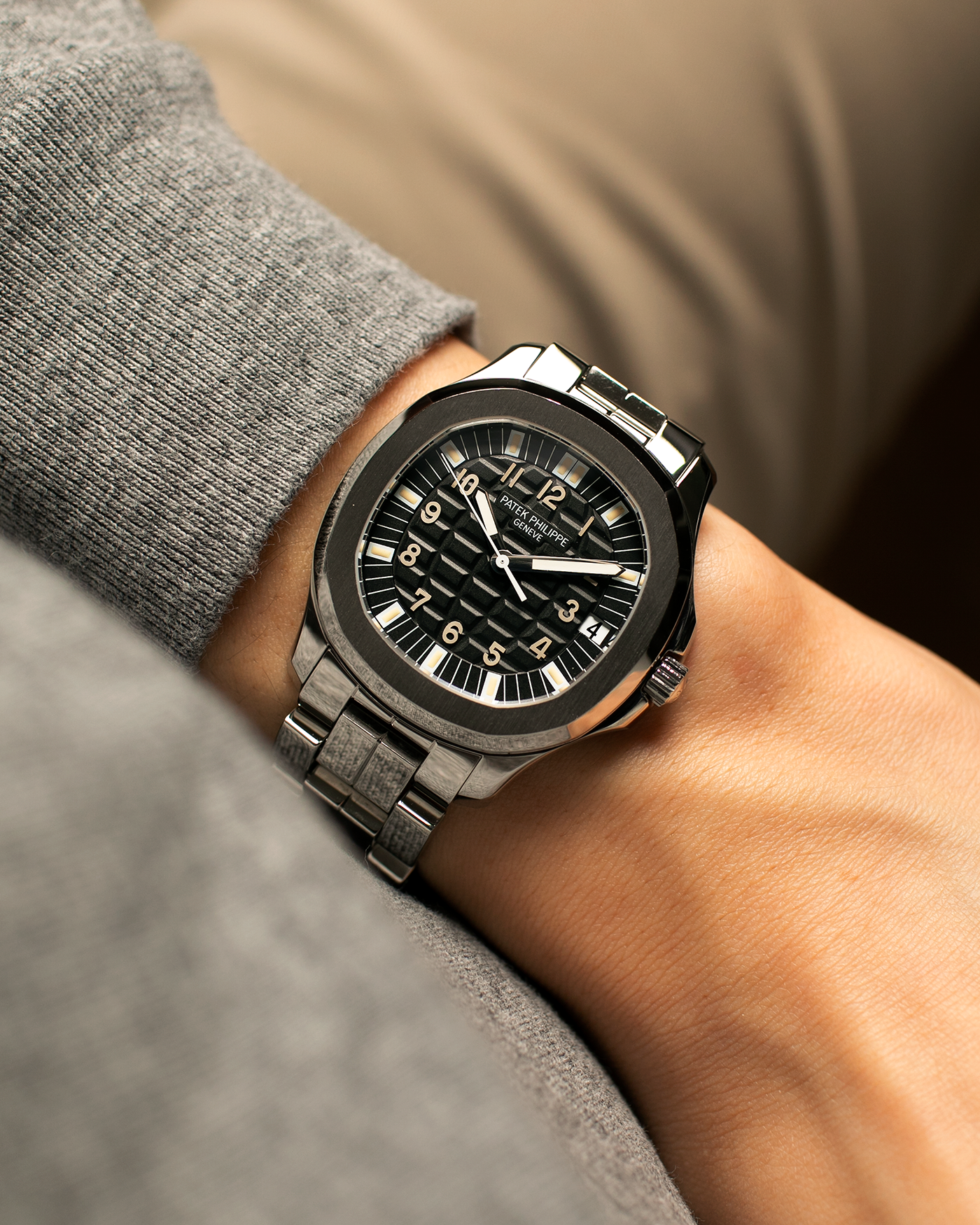 Brand: Patek Philippe
Year: 2000
Model: Aquanaut
Reference Number: 5065A
Material: Stainless Steel
Movement: Patek Philippe Cal. 315 SC. Self-Winding
Case Dimensions: 38mm x 8.2mm (Lug-to-Lug 44mm)
Lug Width: 19mm
Bracelet: Patek Philippe Multi-Link Stainless Steel Bracelet  