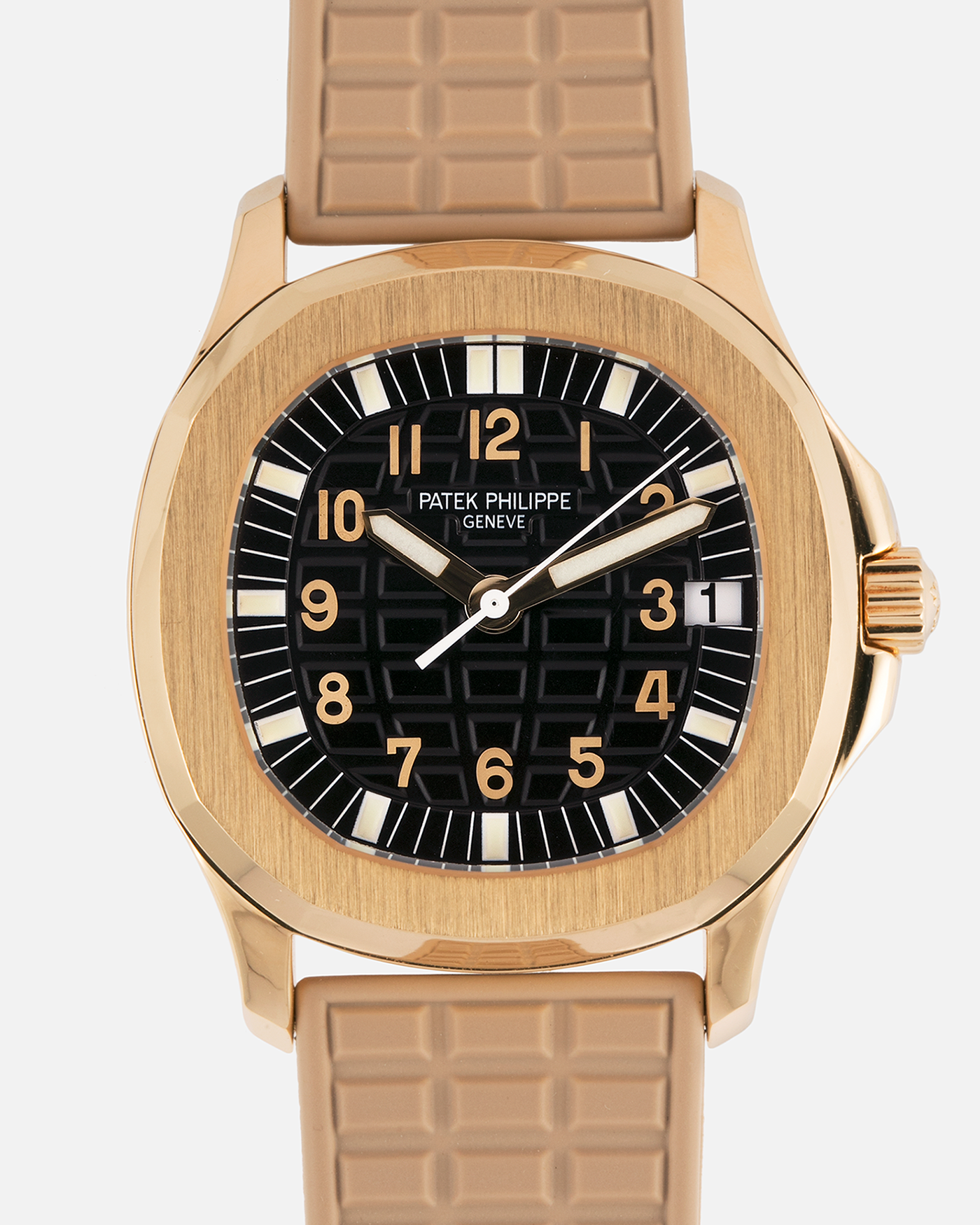 Brand: Patek Philippe
Year: 2004
Model: Aquanaut
Reference: 5066J
Material: 18k Yellow Gold
Movement: Patek Philippe Cal. 330 SC, Self-Winding
Case Dimensions: 36mm x 8.5mm
Lug Width: 19mm
Straps: Patek Philippe Beige ‘Tropic’ Rubber Strap with Signed 18k Yellow Gold Butterfly Double Fold Deployant Clasp. Extra Patek Philippe Khaki Green Rubber Strap.