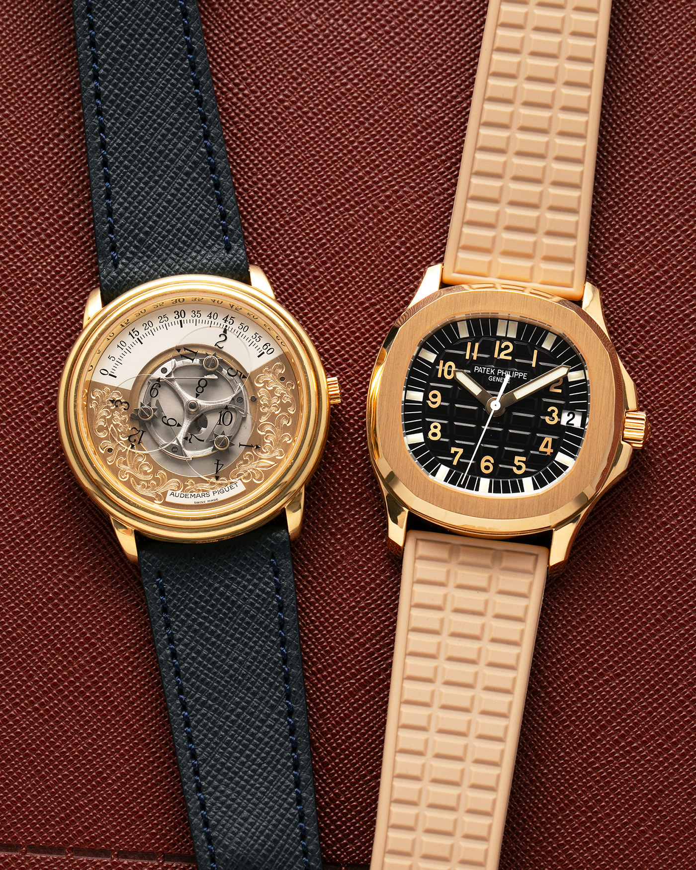 Brand: Patek Philippe
Year: 2004
Model: Aquanaut
Reference: 5066J
Material: 18k Yellow Gold
Movement: Patek Philippe Cal. 330 SC, Self-Winding
Case Dimensions: 36mm x 8.5mm
Lug Width: 19mm
Straps: Patek Philippe Beige ‘Tropic’ Rubber Strap with Signed 18k Yellow Gold Butterfly Double Fold Deployant Clasp. Extra Patek Philippe Khaki Green Rubber Strap.