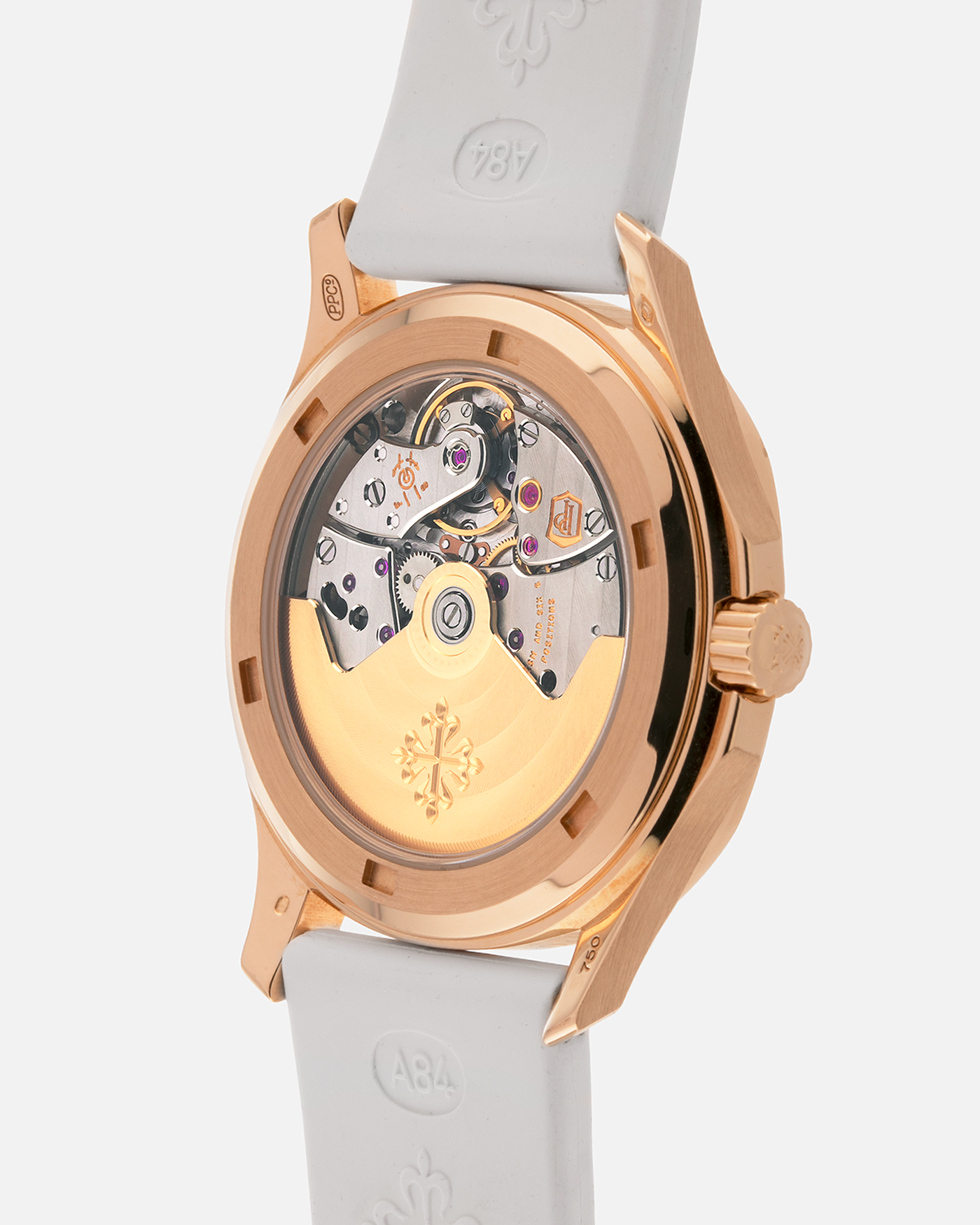 Brand: Patek Philippe
Year: 2015
Model: Aquanaut
Reference Number: 5068R-010
Material: 18k Rose Gold
Movement: Patek Philippe Cal. 324 SC. Self-Winding
Case Dimensions: 35.6mm Diameter 8.5mm Thickness
Strap: Patek Philippe White Rubber Strap and Patek Philippe 18k Rose Gold Deployant Buckle