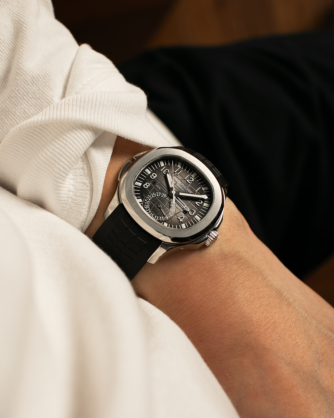 Brand: Patek Philippe
Year: 2015
Model: Aquanaut
Reference Number: 5164A
Material: Stainless Steel
Movement: Calibre 324 C FUS
Case Diameter: 40.8mm
Bracelet: Patek Philippe Aquanaut Black Tropical Rubber Strap with Signed Patek Philippe Stainless Steel Deployant Clasp