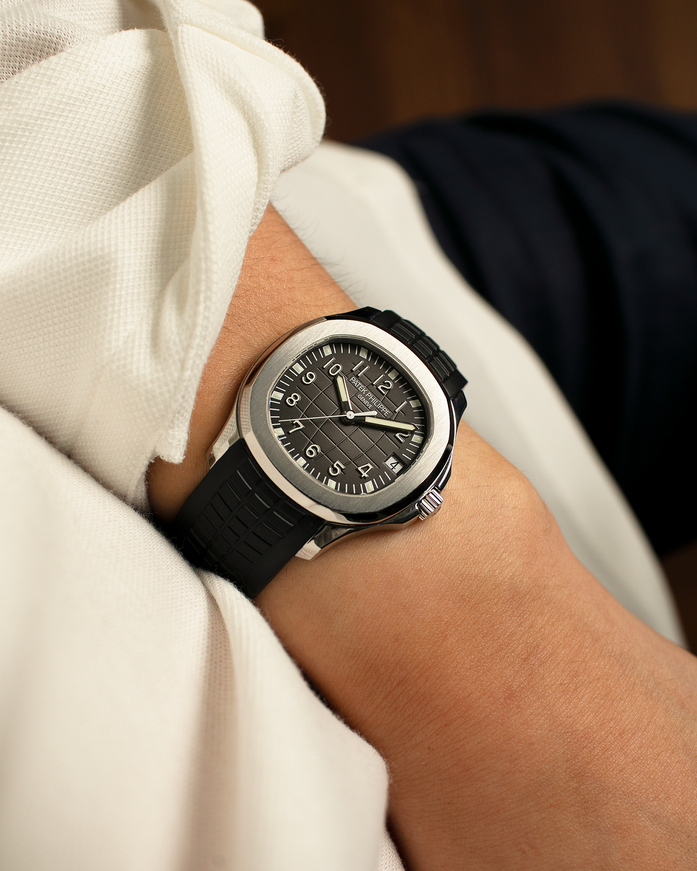 Brand: Patek Philippe
Year: 2000’s
Model: Aquanaut
Reference Number: 5165A
Material: Stainless Steel
Movement: Patek Philippe Cal. 324 S C, Self-Winding
Case Dimensions: 38mm x 8.5mm (Lug-to-Lug 44.5mm)
Straps: Patek Philippe Aquanaut Black Rubber Strap with Signed Deployant Clasp, with an extra Brand New Uncut Patek Philippe Aquanaut Black Rubber Strap