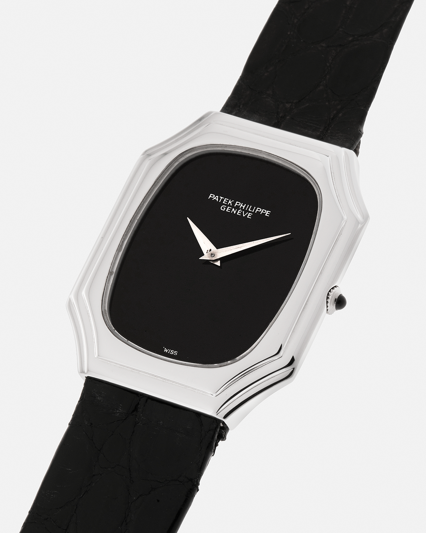 Brand: Patek Philippe
Year: 1976
Reference: 3629 'Bat'
Material: 18-carat White Gold
Movement: Patek Philippe Cal. 177, Manual-Winding
Case Dimensions: 37mm (Including Lugs) x 31mm x 5mm
Lug Width: 17mm
Strap: Patek Philippe Alligator Leather Strap with Signed 18-carat White Gold Tang Buckle