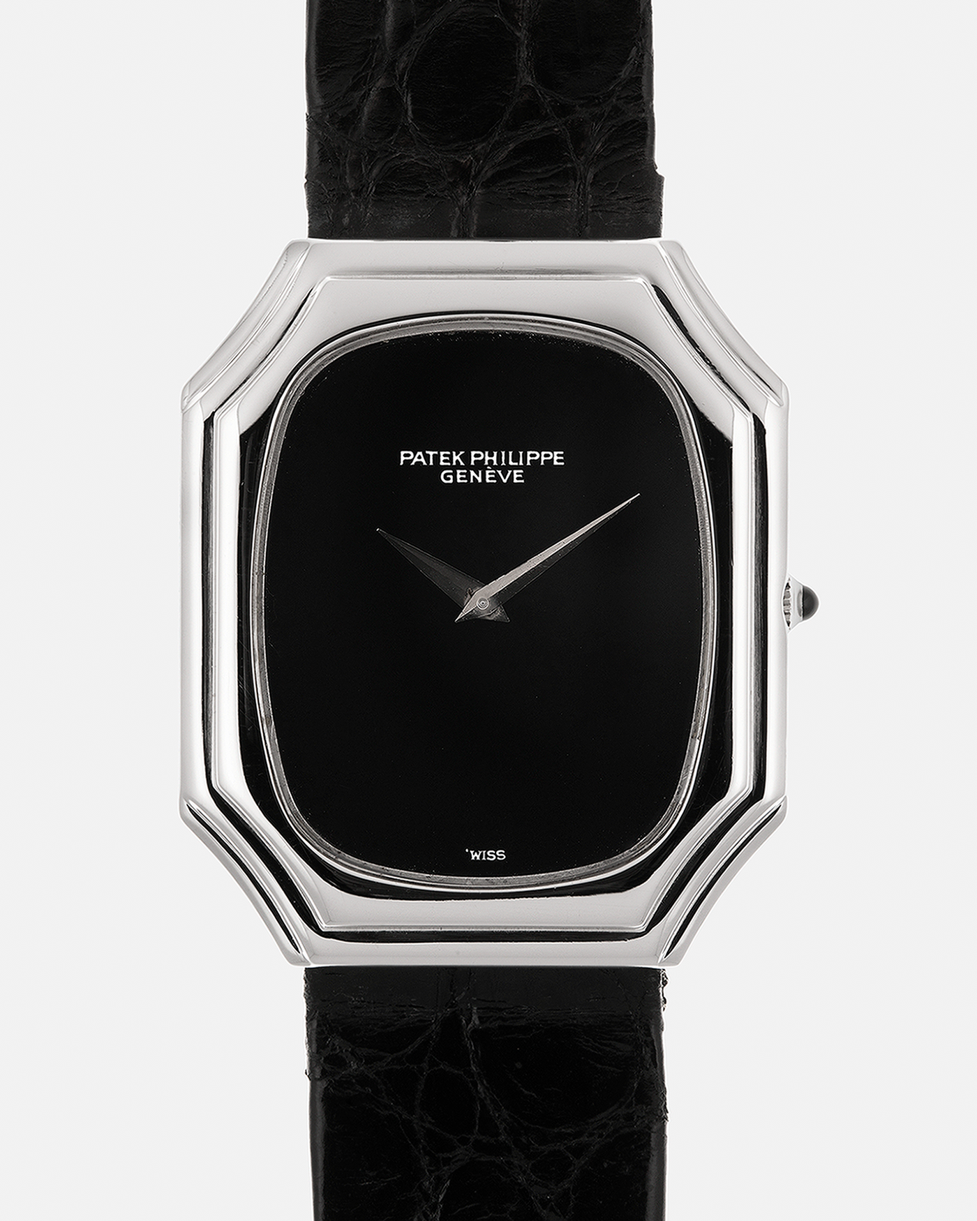 Brand: Patek Philippe
Year: 1976
Reference: 3629 'Bat'
Material: 18-carat White Gold
Movement: Patek Philippe Cal. 177, Manual-Winding
Case Dimensions: 37mm (Including Lugs) x 31mm x 5mm
Lug Width: 17mm
Strap: Patek Philippe Alligator Leather Strap with Signed 18-carat White Gold Tang Buckle