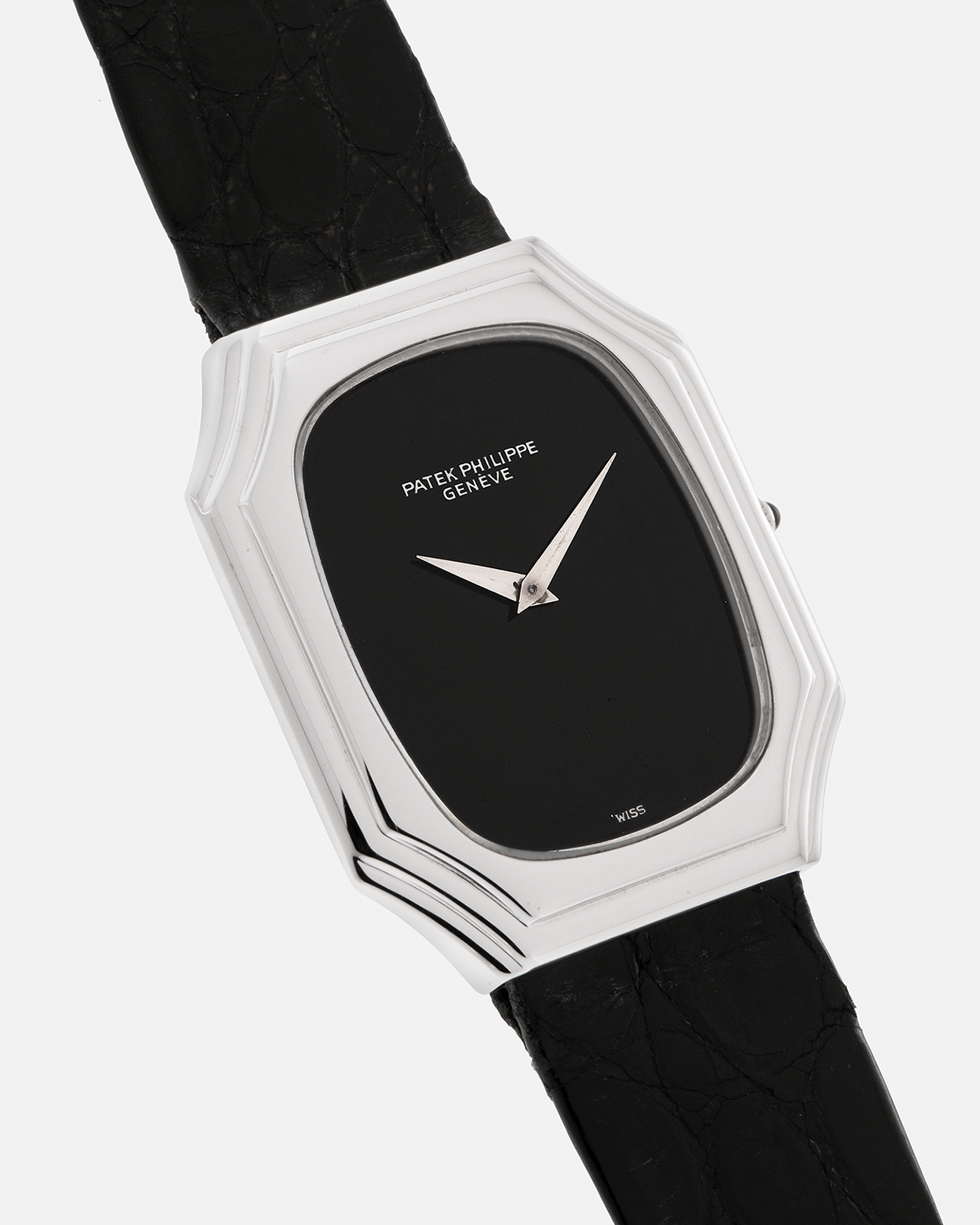 Brand: Patek Philippe
Year: 1976
Reference: 3629 'Bat'
Material: 18-carat White Gold
Movement: Patek Philippe Cal. 177, Manual-Winding
Case Dimensions: 37mm (Including Lugs) x 31mm x 5mm
Lug Width: 17mm
Strap: Patek Philippe Alligator Leather Strap with Signed 18-carat White Gold Tang Buckle