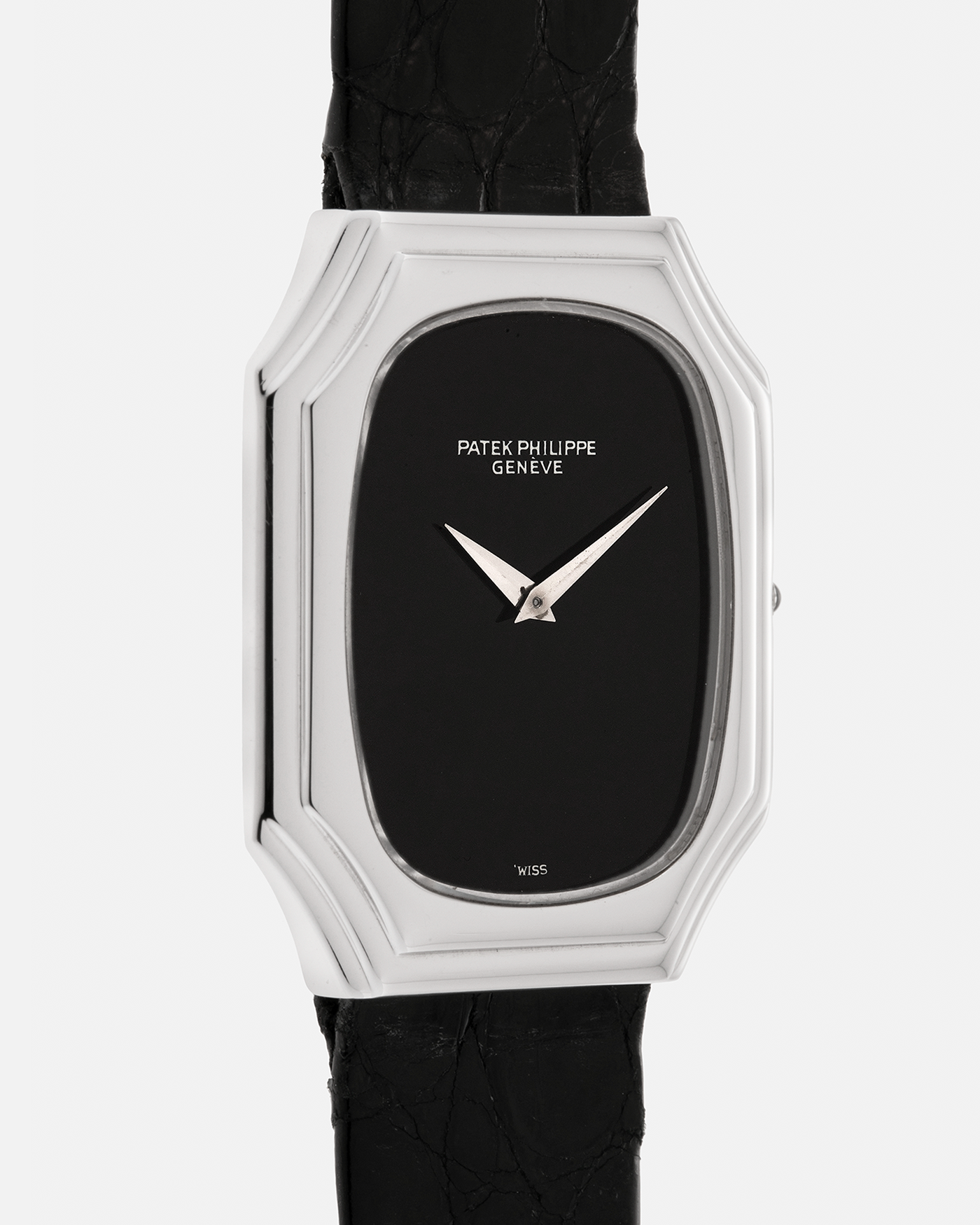 Brand: Patek Philippe
Year: 1976
Reference: 3629 'Bat'
Material: 18-carat White Gold
Movement: Patek Philippe Cal. 177, Manual-Winding
Case Dimensions: 37mm (Including Lugs) x 31mm x 5mm
Lug Width: 17mm
Strap: Patek Philippe Alligator Leather Strap with Signed 18-carat White Gold Tang Buckle