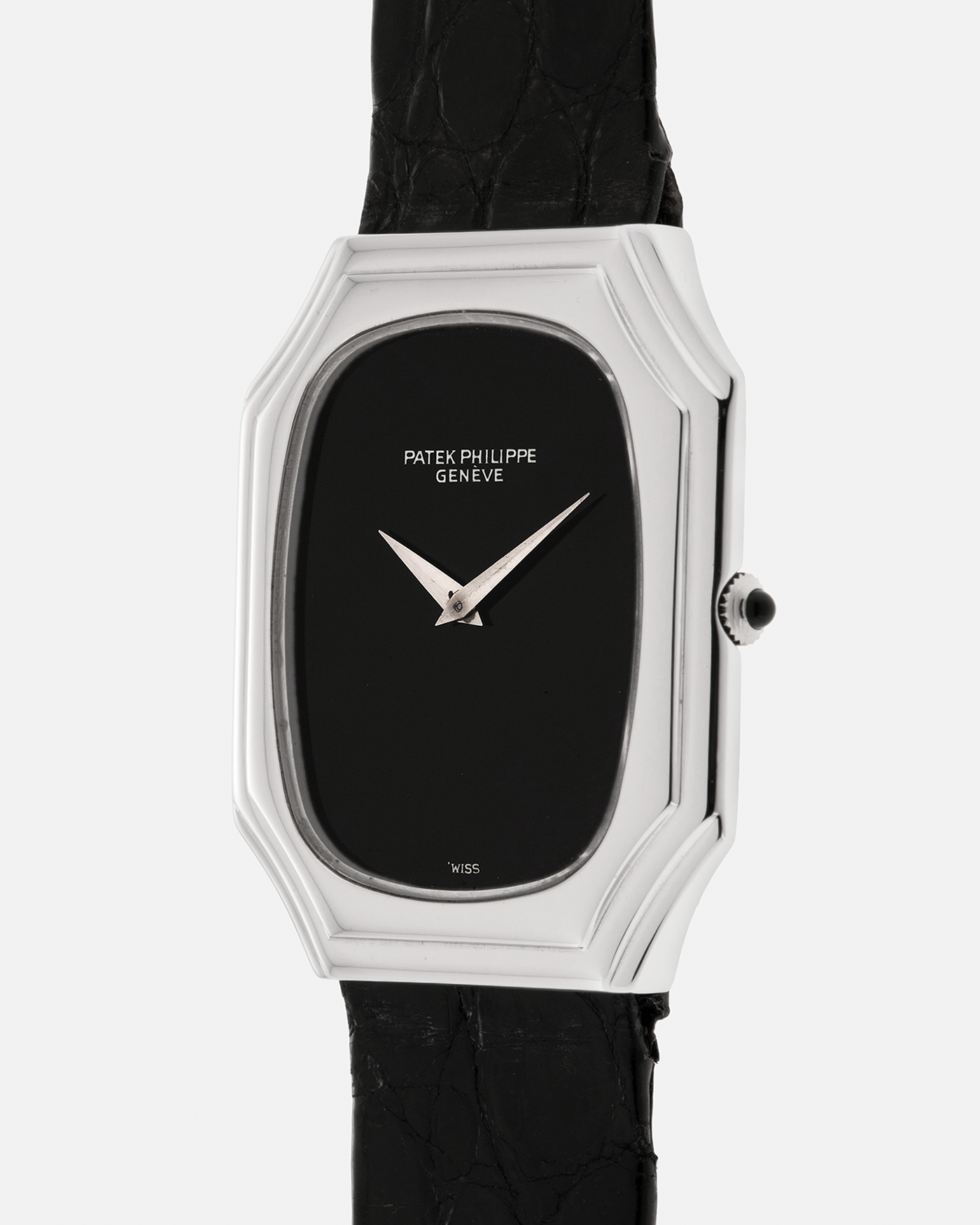 Brand: Patek Philippe
Year: 1976
Reference: 3629 'Bat'
Material: 18-carat White Gold
Movement: Patek Philippe Cal. 177, Manual-Winding
Case Dimensions: 37mm (Including Lugs) x 31mm x 5mm
Lug Width: 17mm
Strap: Patek Philippe Alligator Leather Strap with Signed 18-carat White Gold Tang Buckle