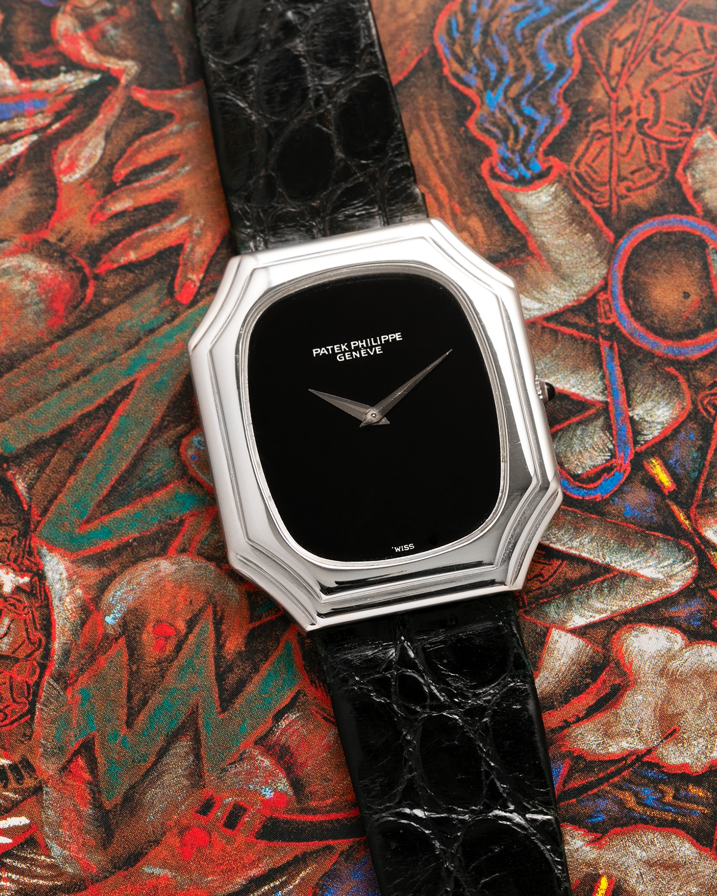 Brand: Patek Philippe
Year: 1976
Reference: 3629 'Bat'
Material: 18-carat White Gold
Movement: Patek Philippe Cal. 177, Manual-Winding
Case Dimensions: 37mm (Including Lugs) x 31mm x 5mm
Lug Width: 17mm
Strap: Patek Philippe Alligator Leather Strap with Signed 18-carat White Gold Tang Buckle